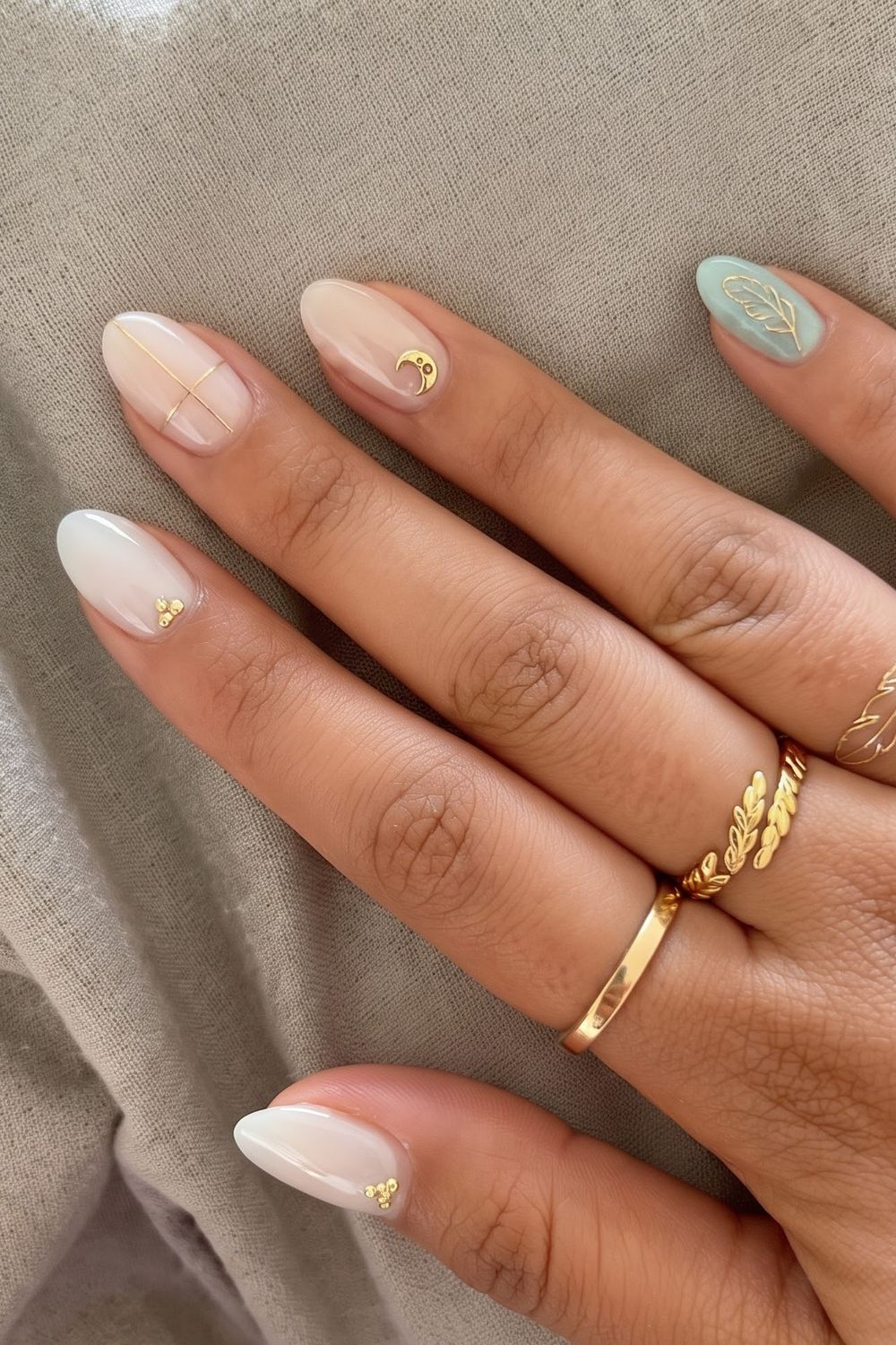 Olive green shimmer fall acrylic nails with gold star