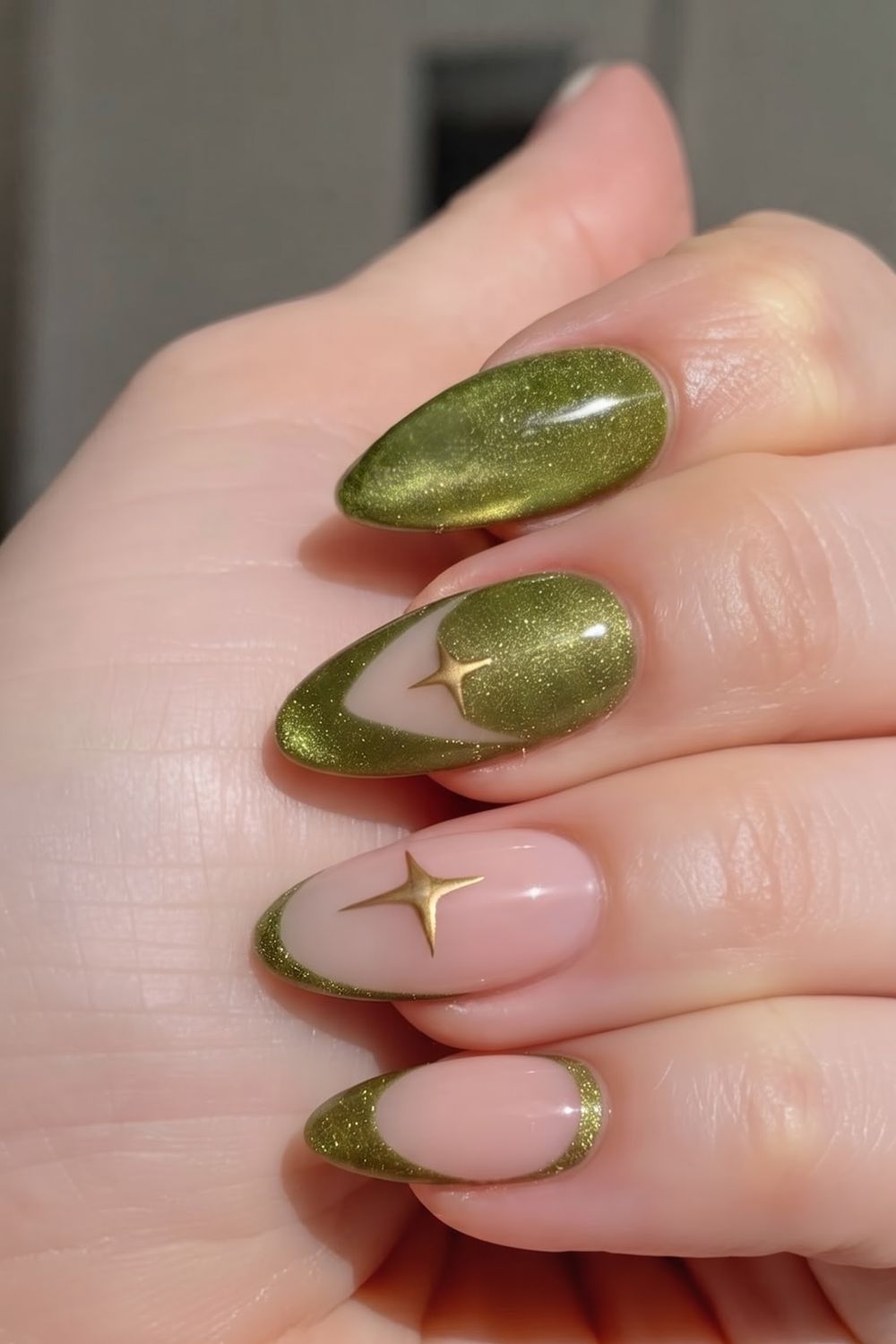 Olive shimmer fall nails with star outline
