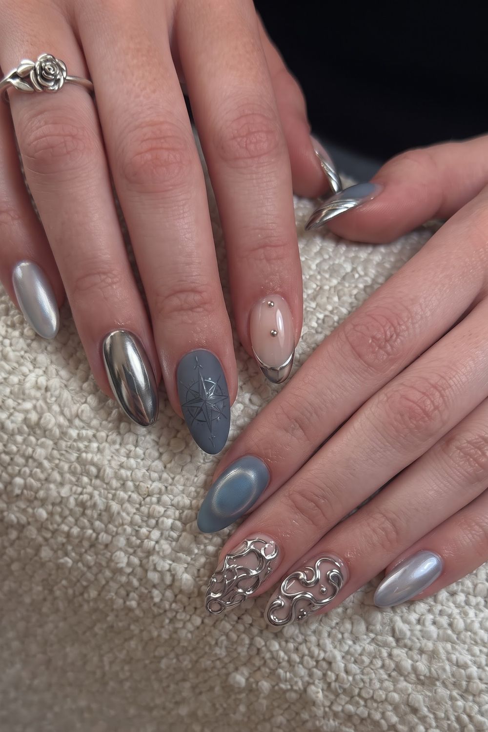 Teddy bear and blueberry charm fall acrylic nails on nude base