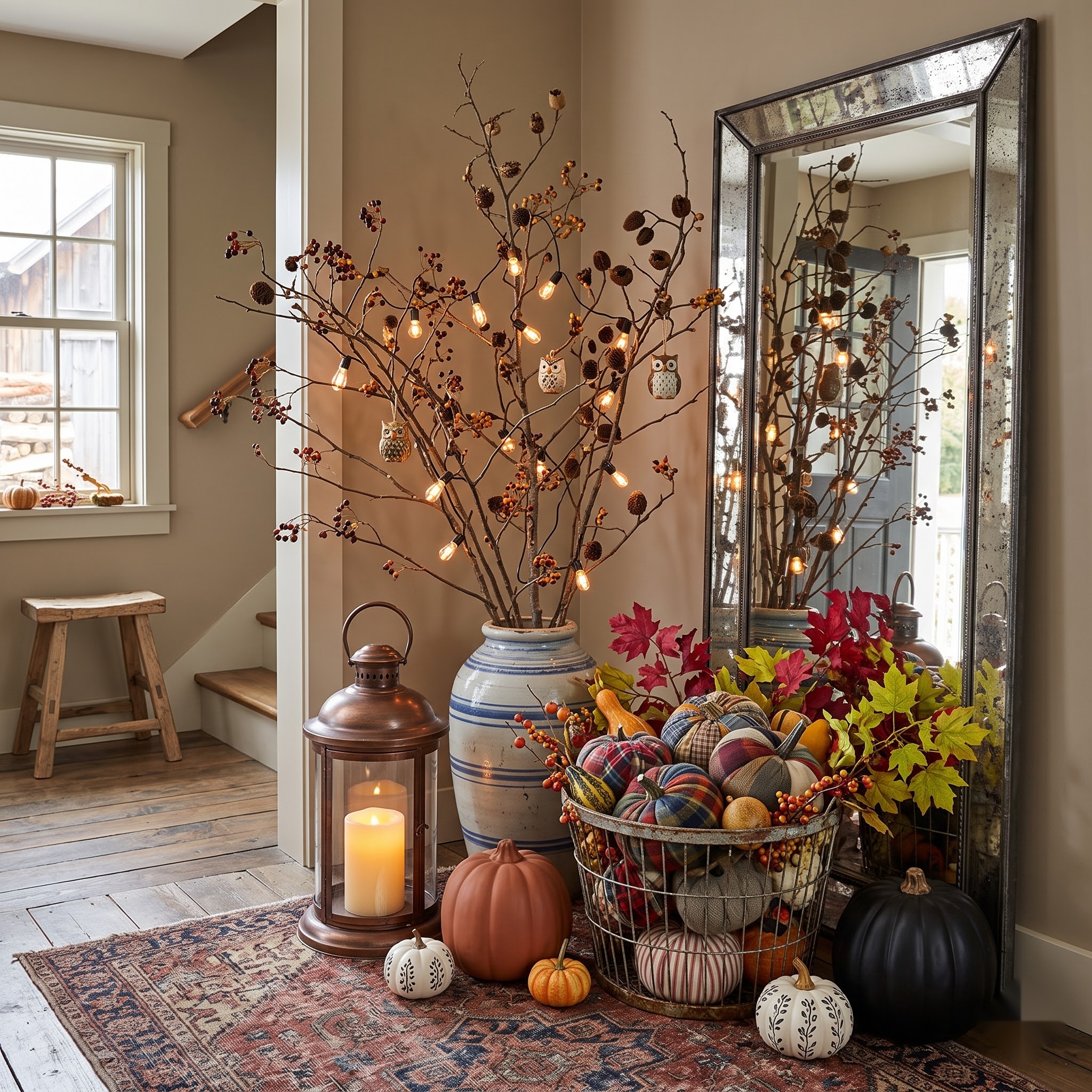tall vase with lighted branches, owls, and baskets of pumpkins in an entryway