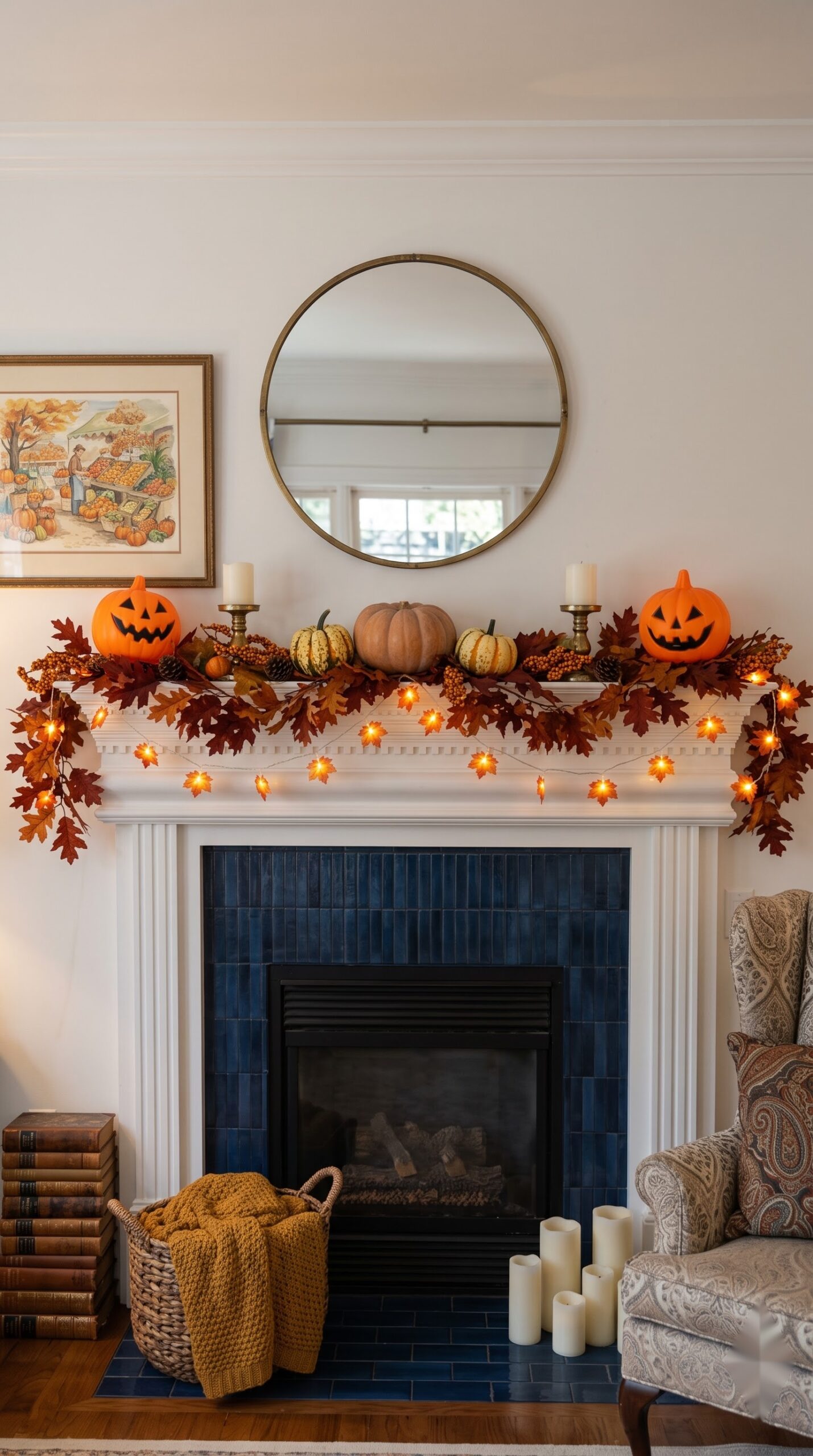 fireplace mantel decorated with autumn leaf garland, pumpkins, and fairy lights