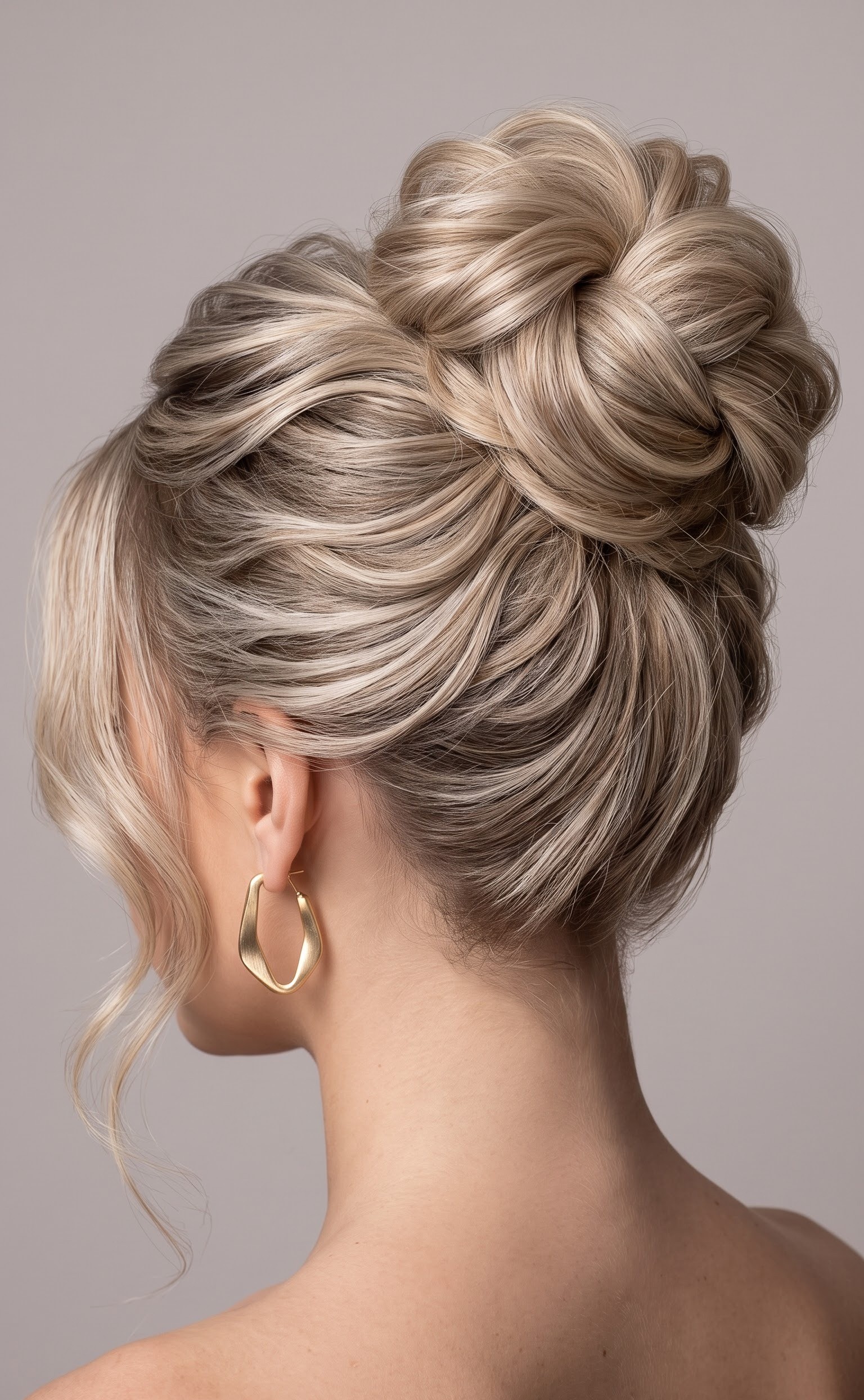 formal up do hairstyles - braided side bun in bathroom mirror