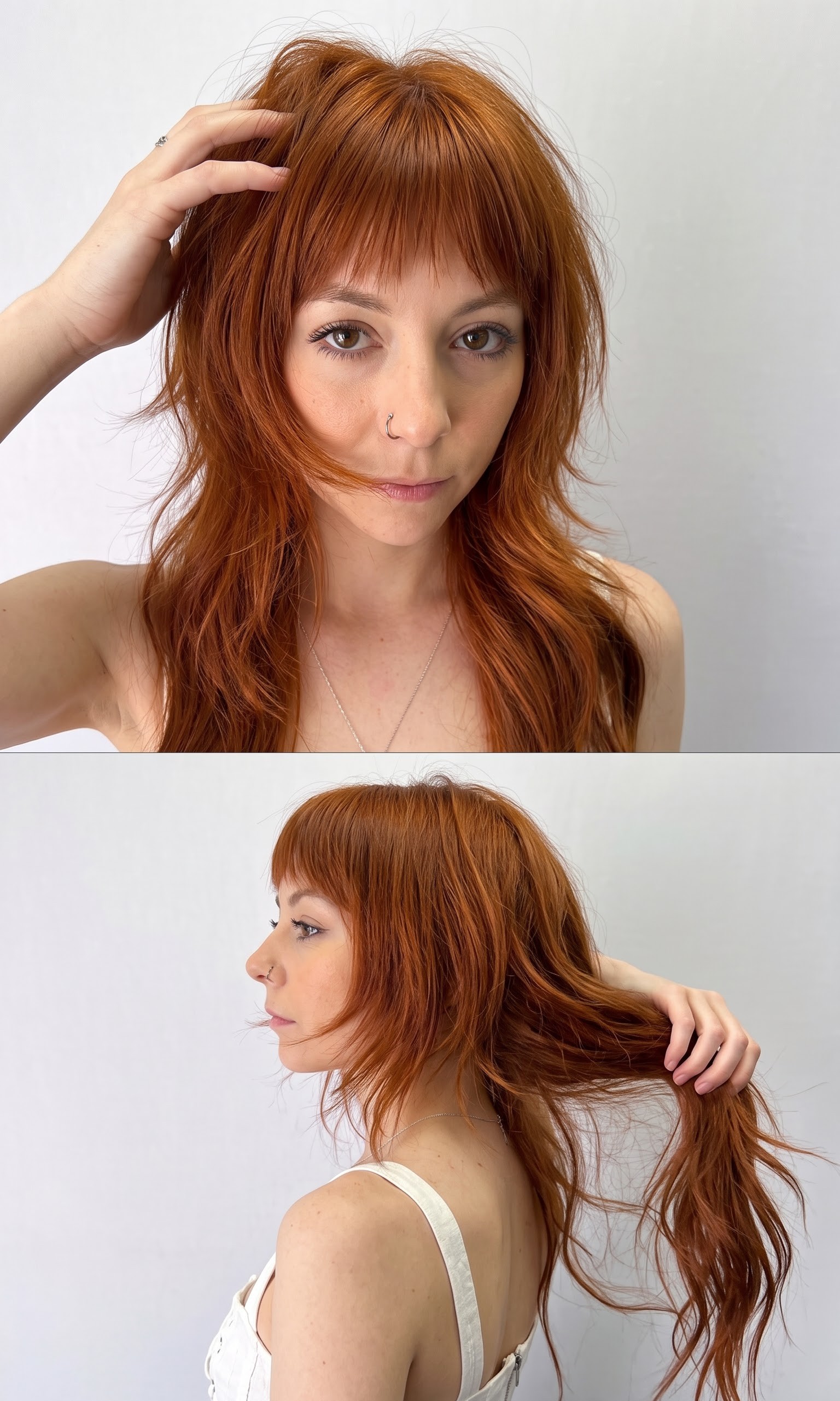 Ginger wolf cut with a wispy fringe and undone piecey layers