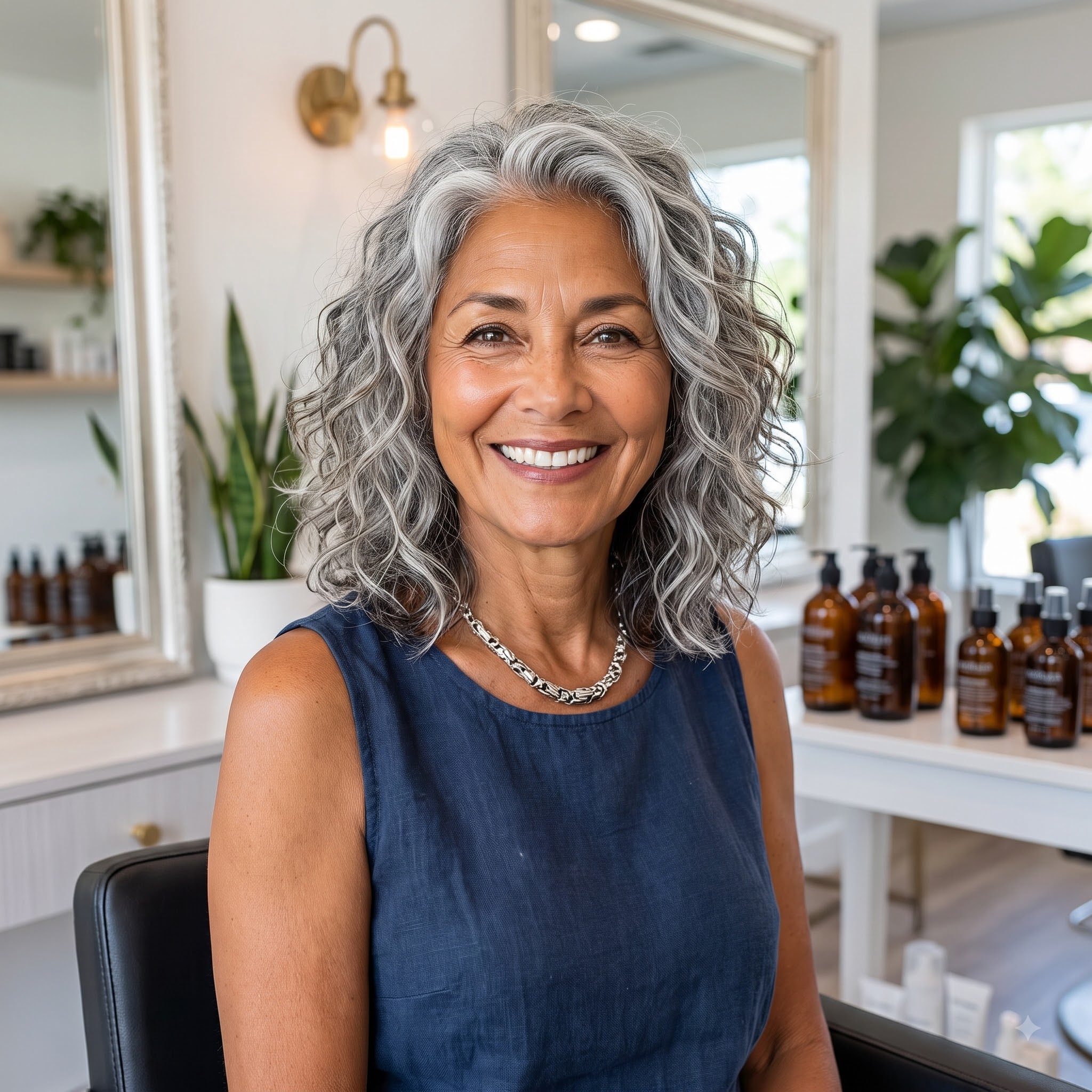 Smiling woman with natural curly gray hair in a salon