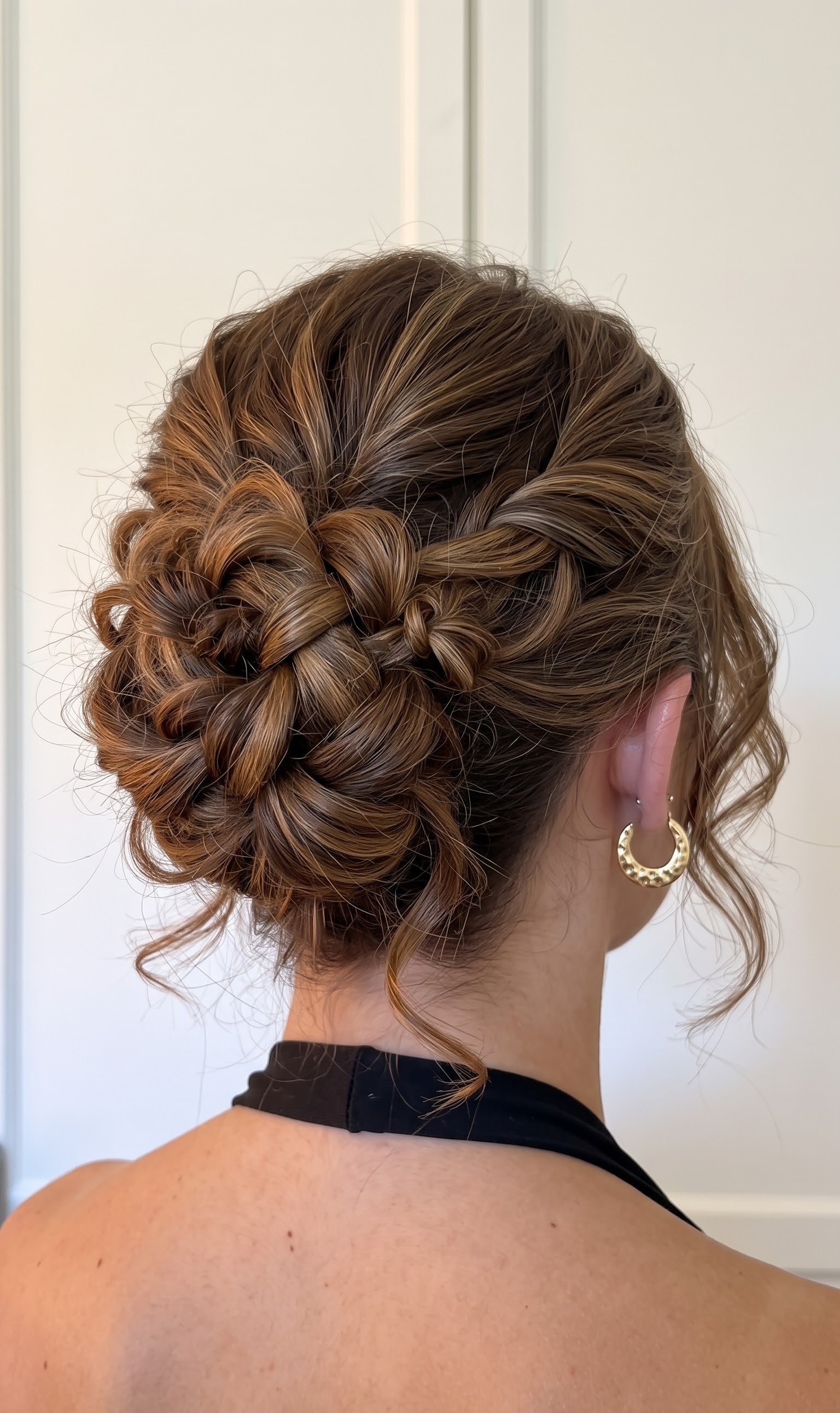 hair upstyles - braided low bun updo against brick wall