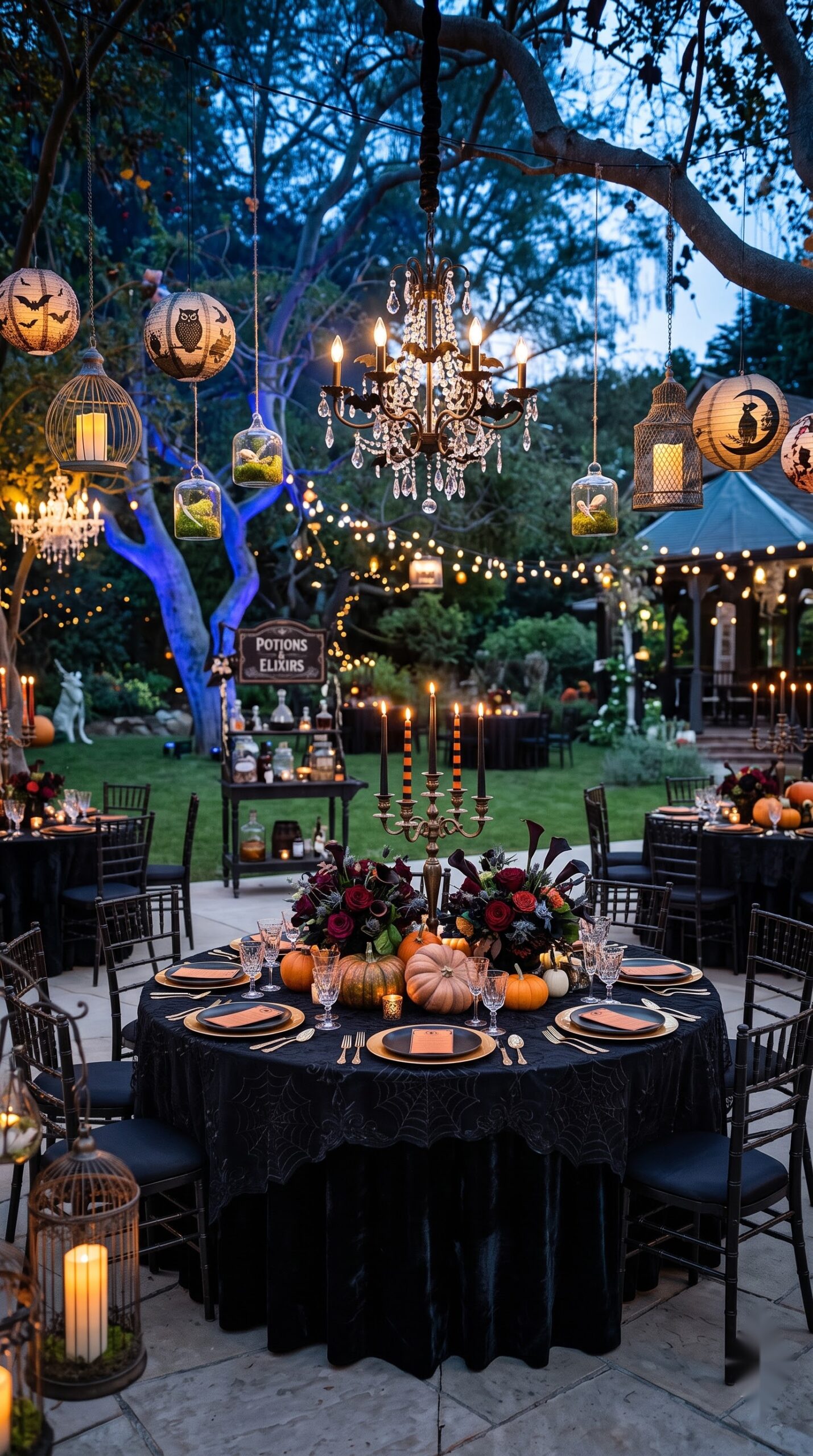 outdoor Halloween party table with candelabra, dark florals, and hanging chandeliers