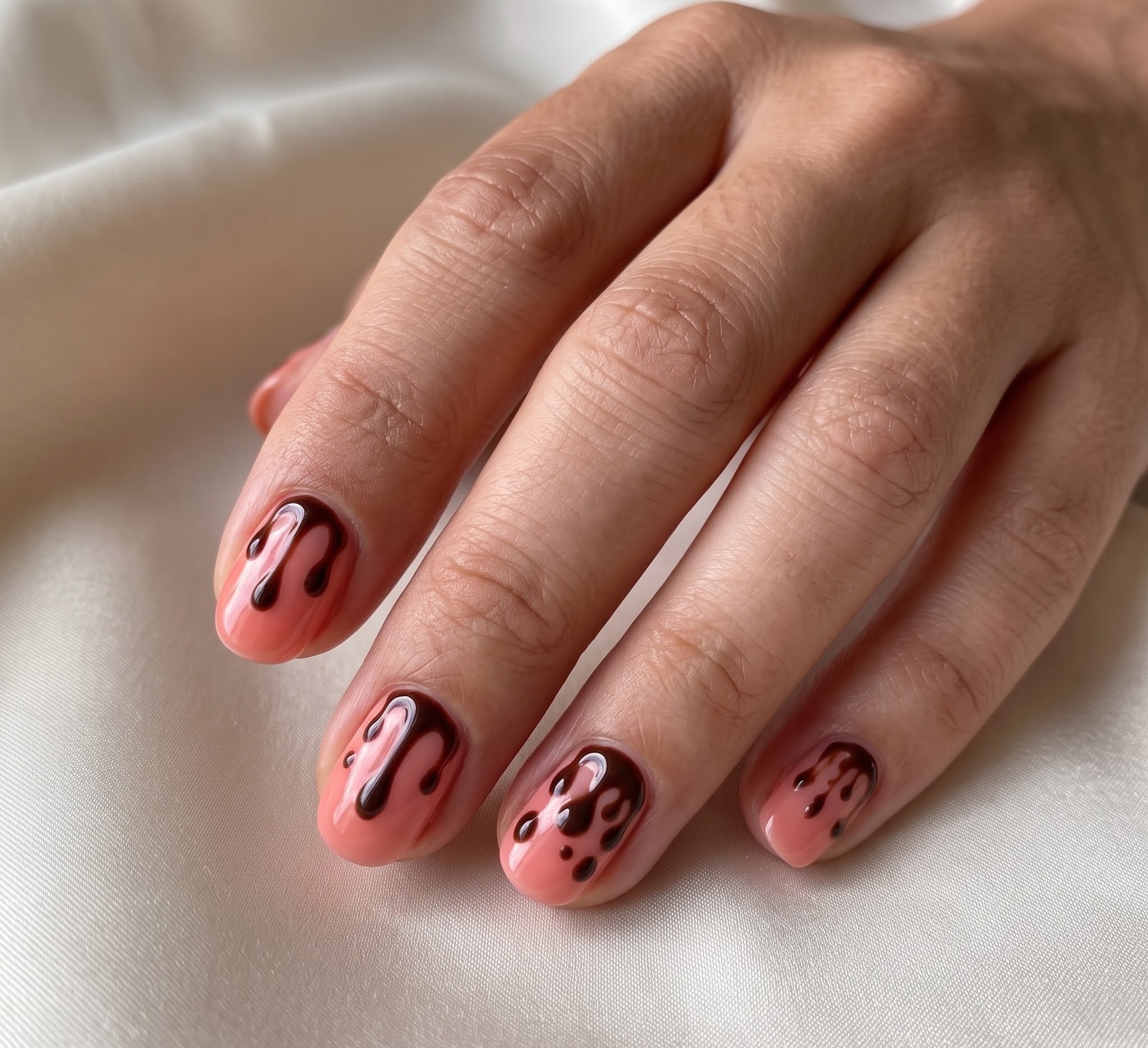 Peach Halloween nails with dark chocolate drip design
