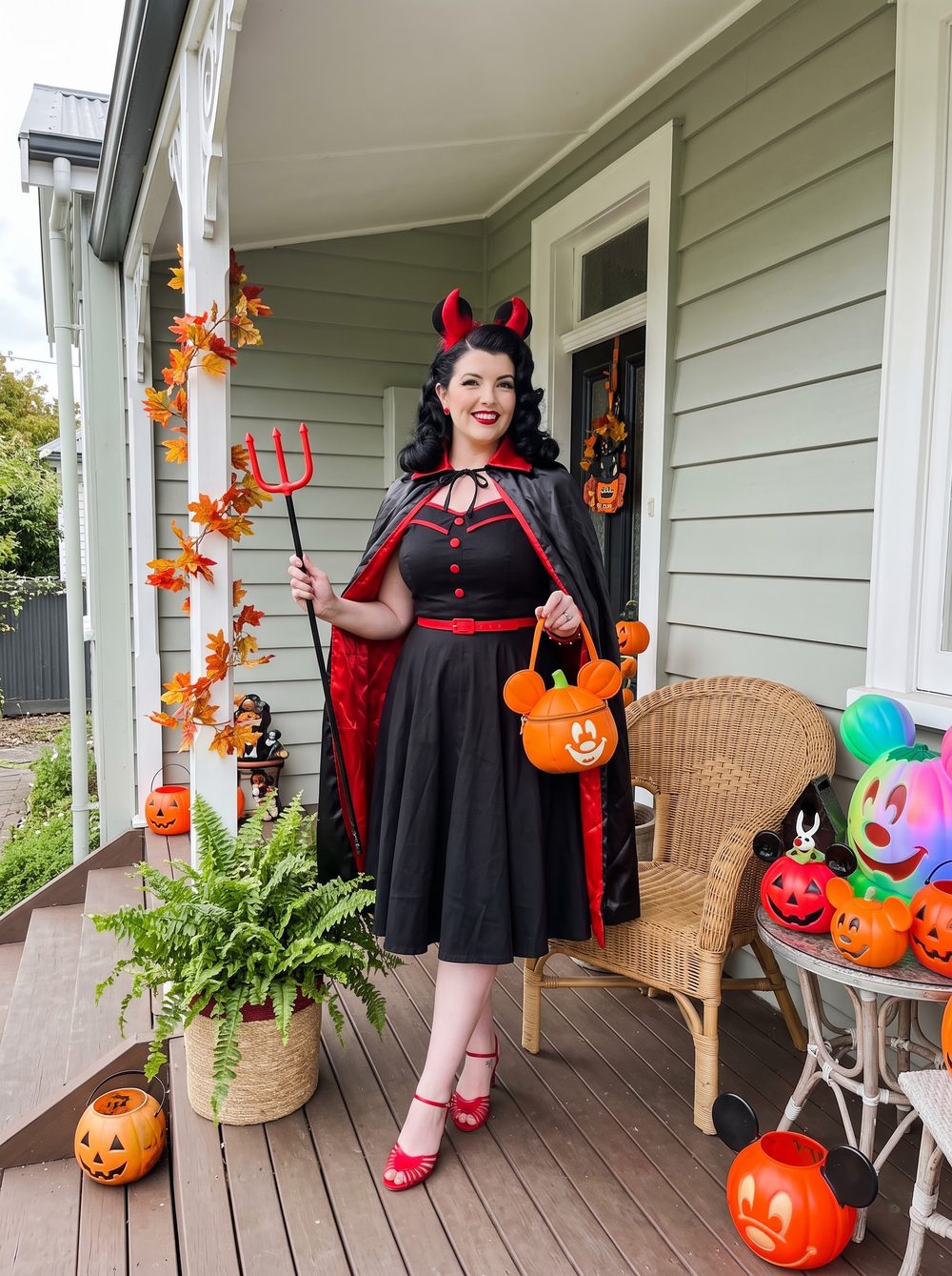 Woman in a retro pin-up devil costume with red horns, a black cape with red lining, a red pitchfork and a pumpkin candy bucket