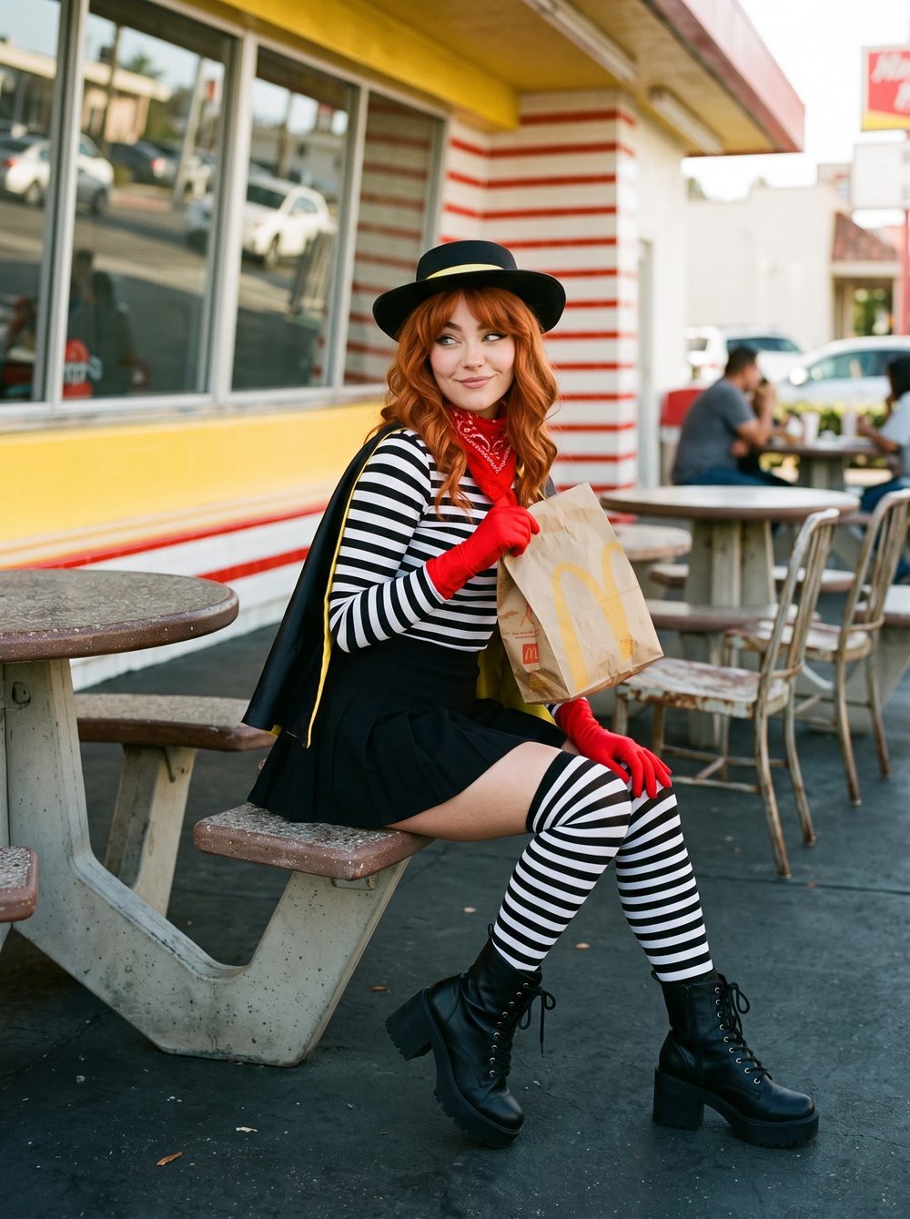 Woman dressed as the Hamburglar in a black and white striped top and tights, black cape, red gloves, red bandana and a fast food bag at a retro diner