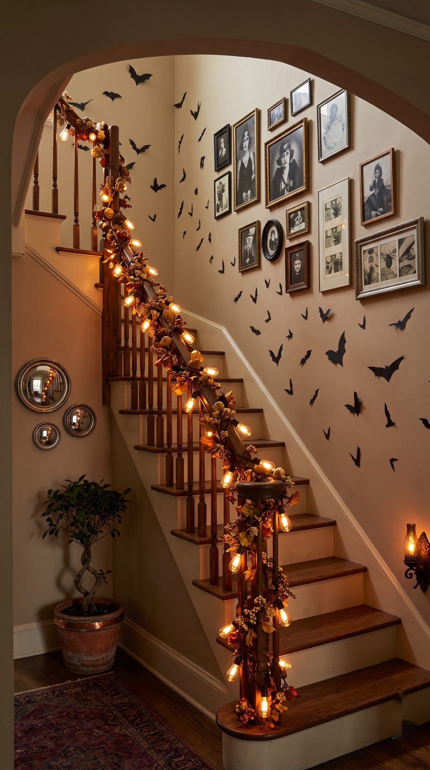 black wall stickers of bats surrounding a mirror in a hallway