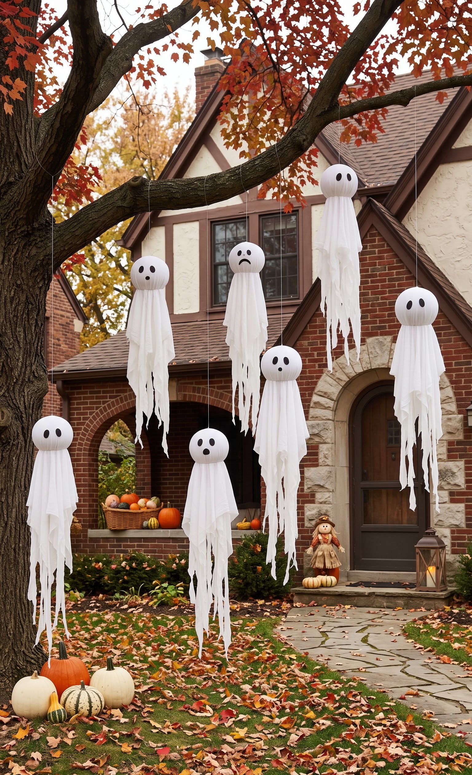 small tree branches hung with fabric ghost ornaments and fairy lights