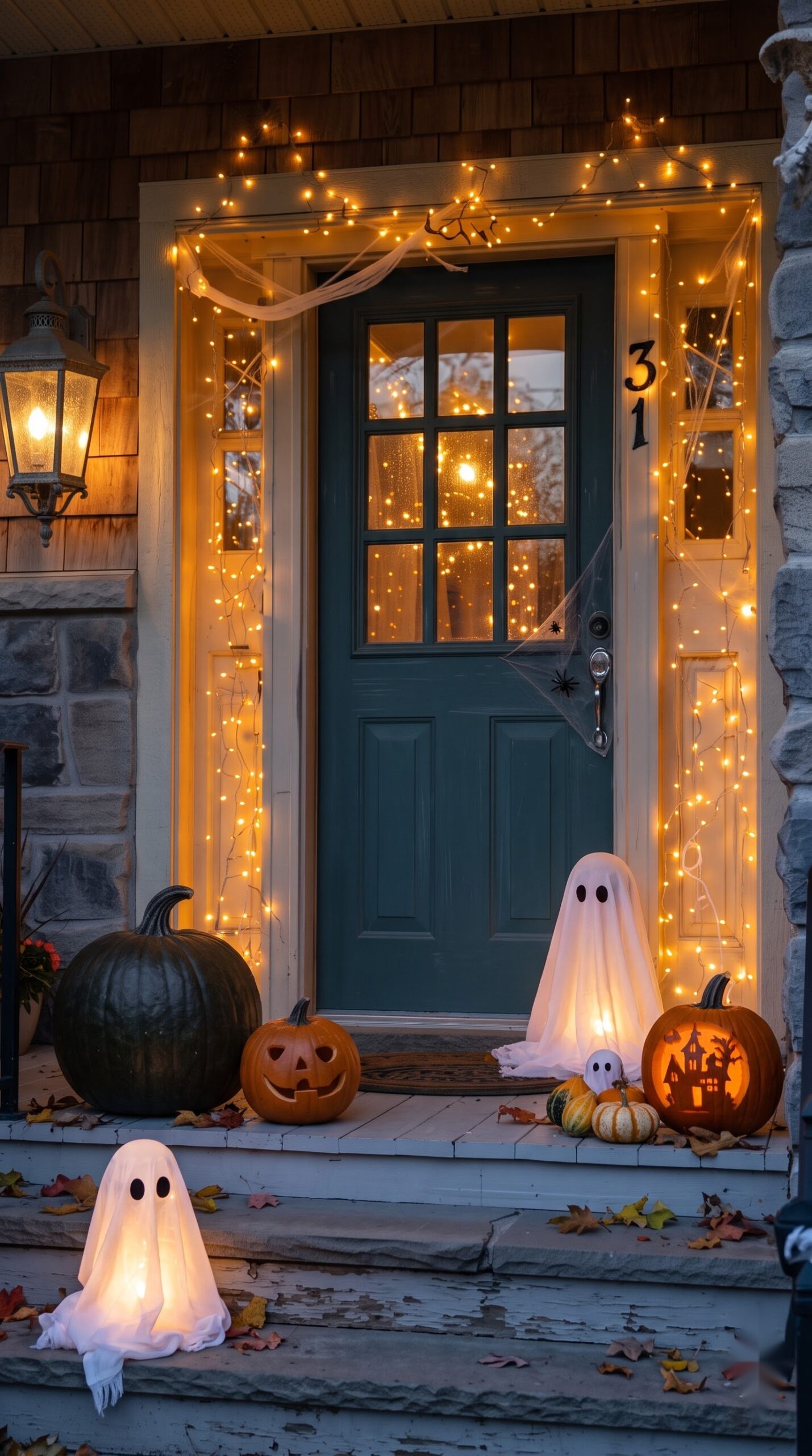 front door flanked by string lights, pumpkins, and small light-up ghosts