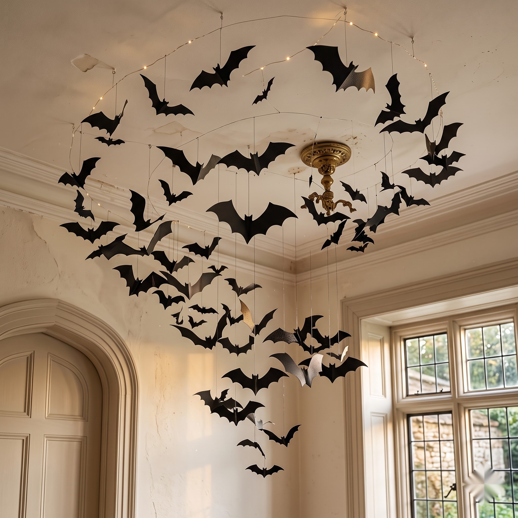 dozens of paper bats hung from the ceiling in a swarm formation