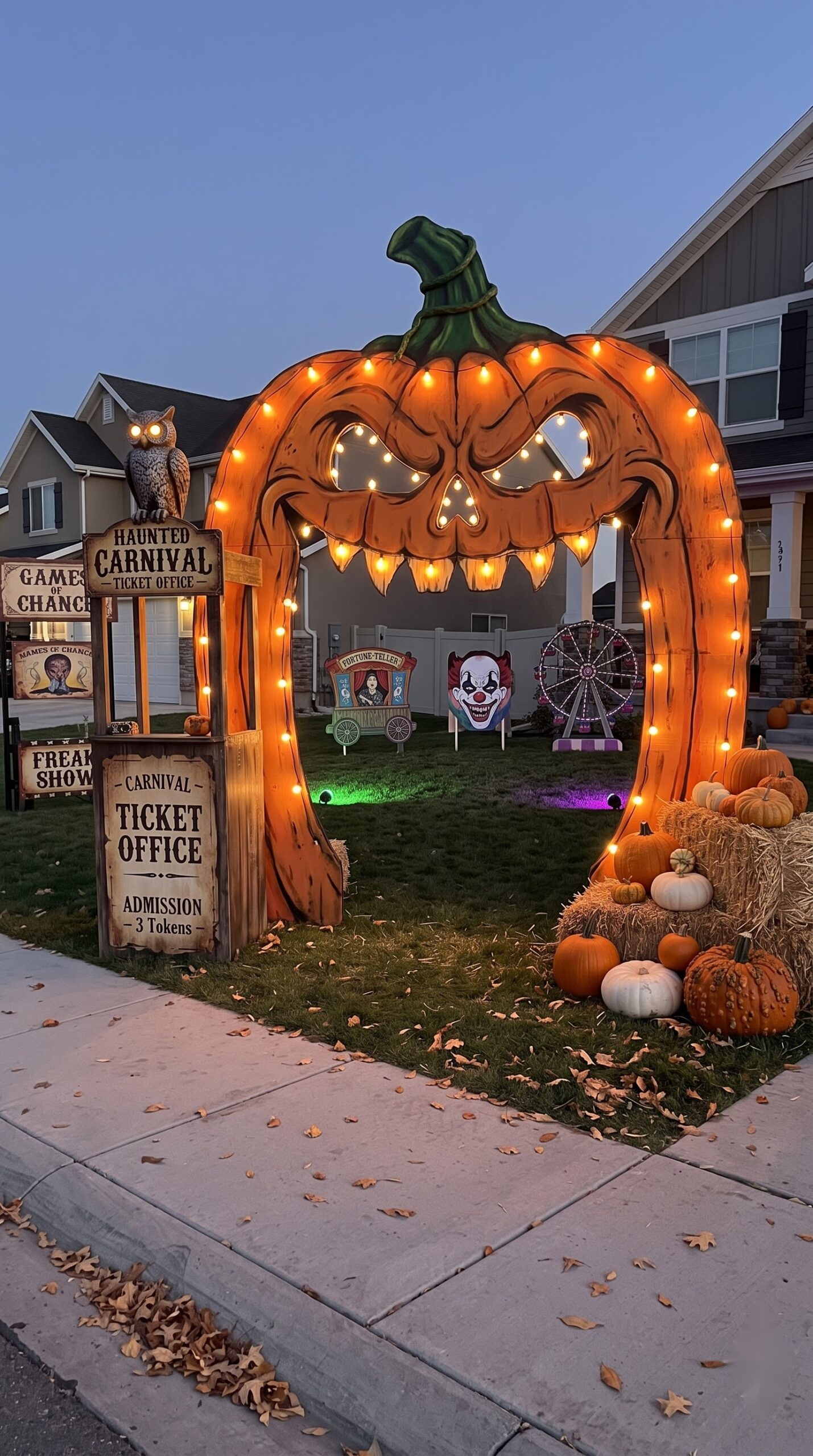 front yard styled as a haunted carnival with pumpkin archway and ticket booth