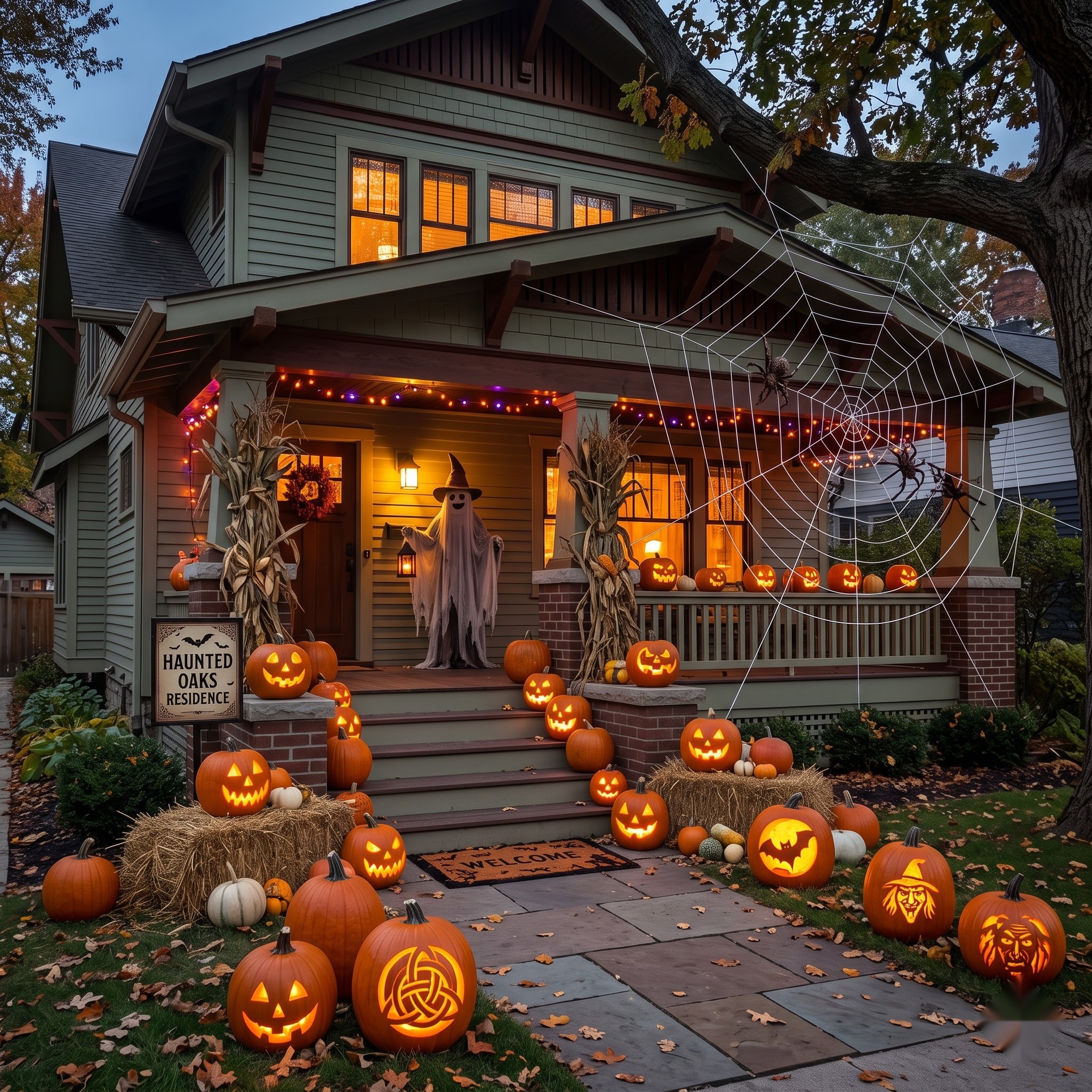 craftsman house exterior fully decorated with pumpkins, cornstalks, and a giant spiderweb