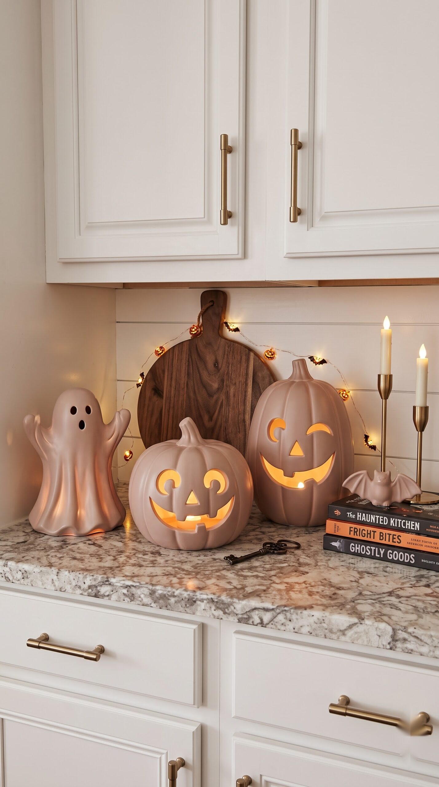 ceramic light-up ghost and pumpkin figurines on a kitchen counter with candles