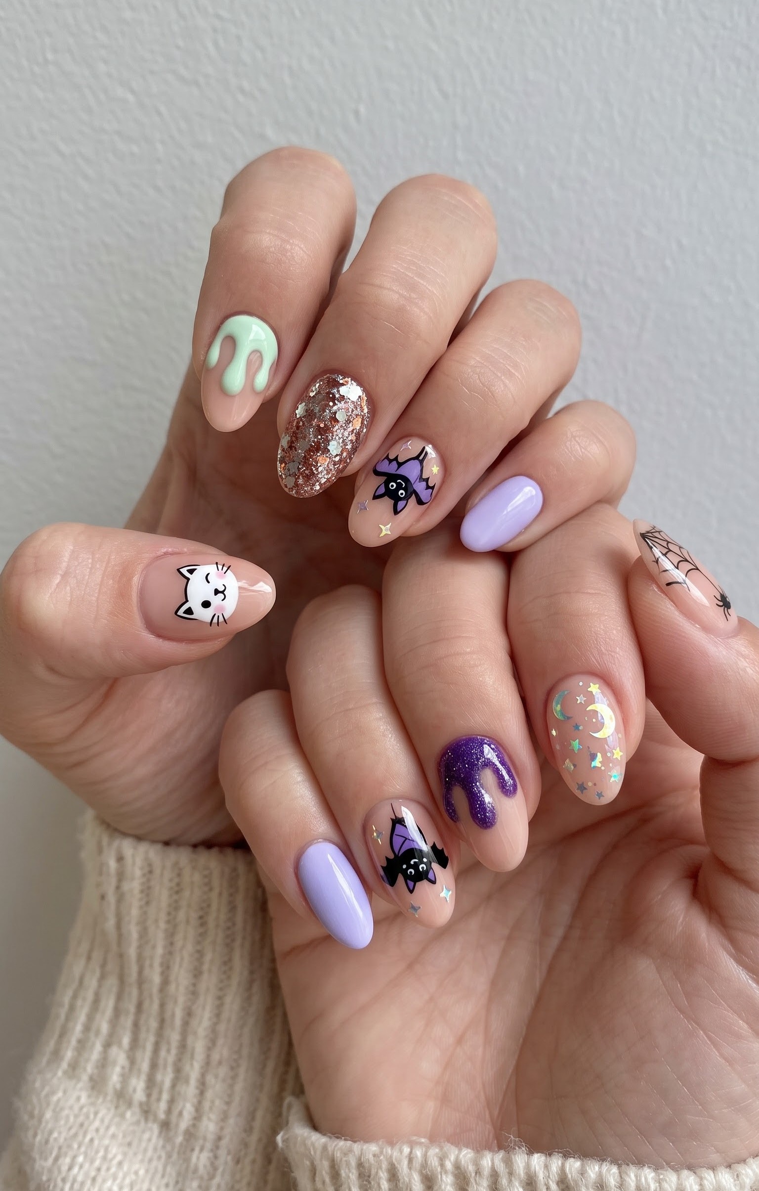 Pastel Halloween nails with a black cat bat drip and star charms