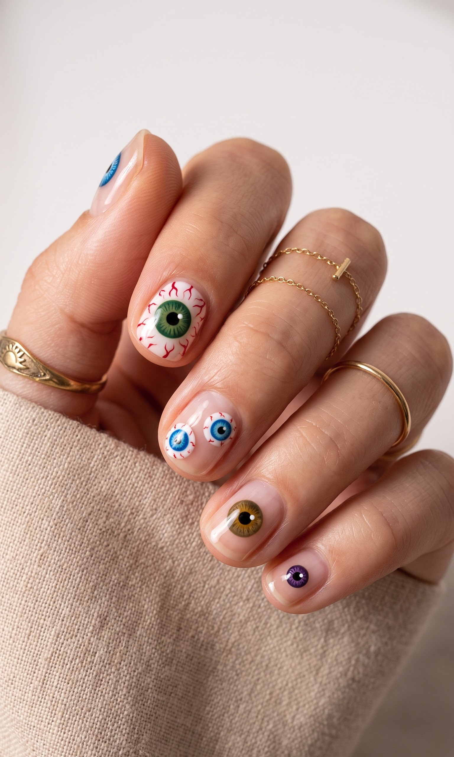 Realistic eyeball Halloween nail art with bloodshot veins and colored irises