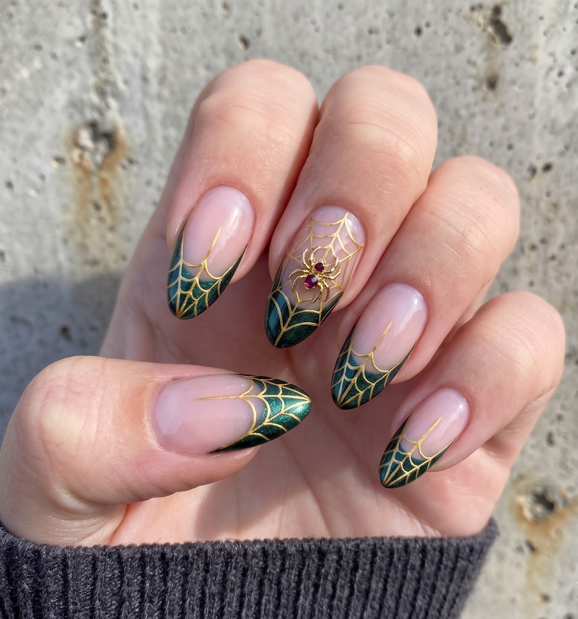 Nude Halloween nails with emerald green gold outlined spiderweb french tips and a jeweled spider accent