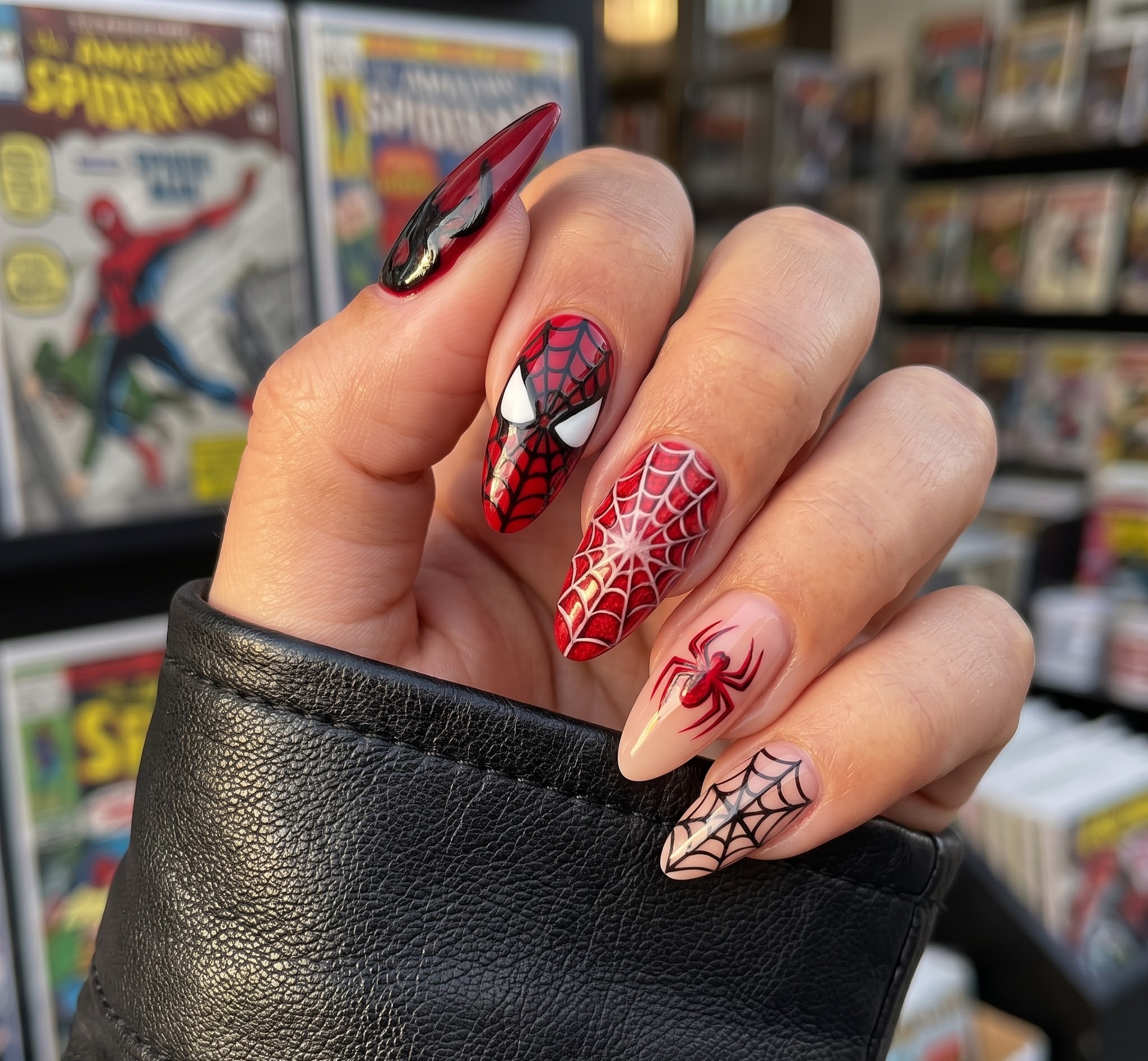 Spider-Man comic book Halloween nails with a mask webs and a red spider