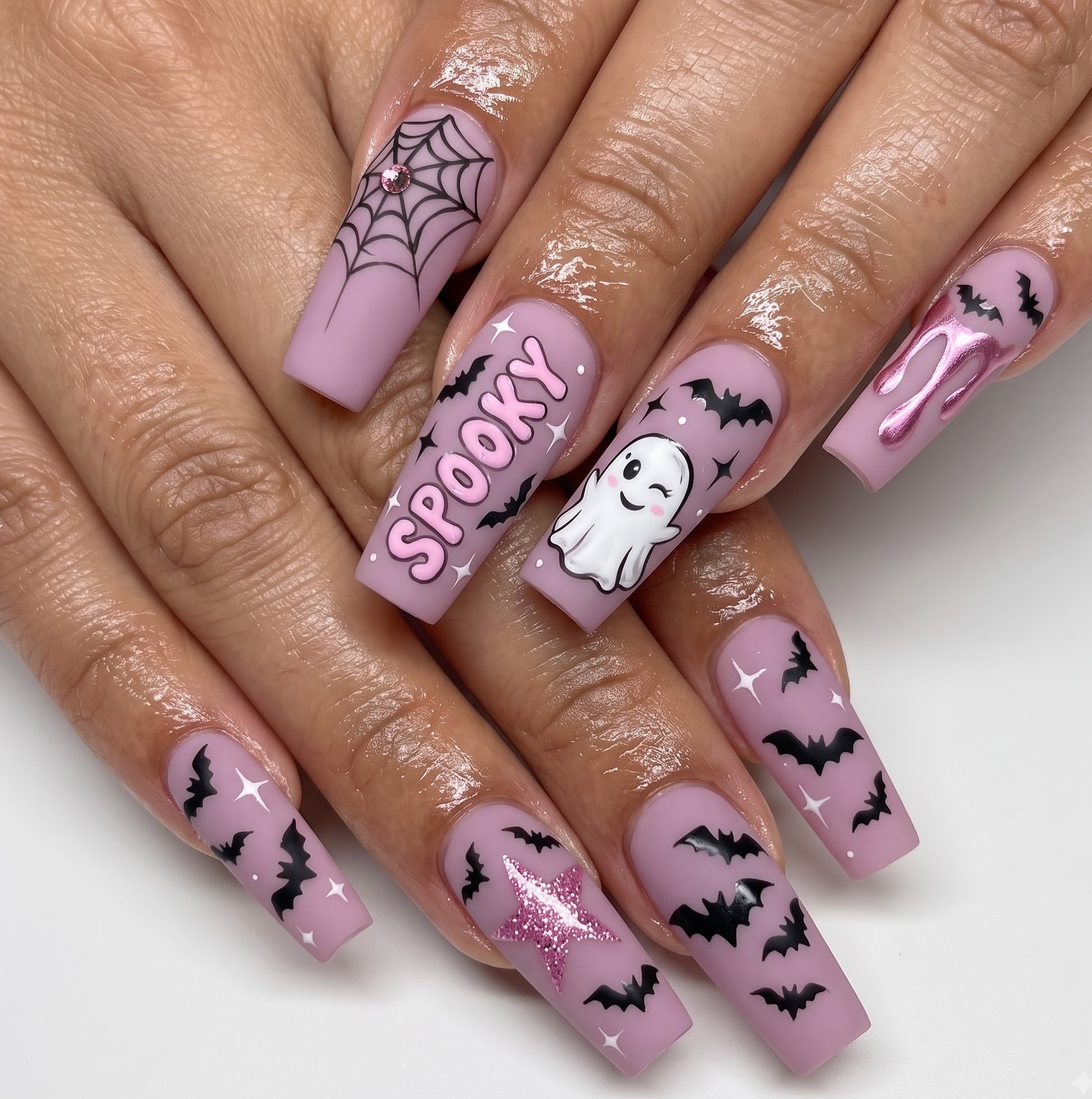 Lilac and purple Halloween nails with bats and a spooky lettering accent nail
