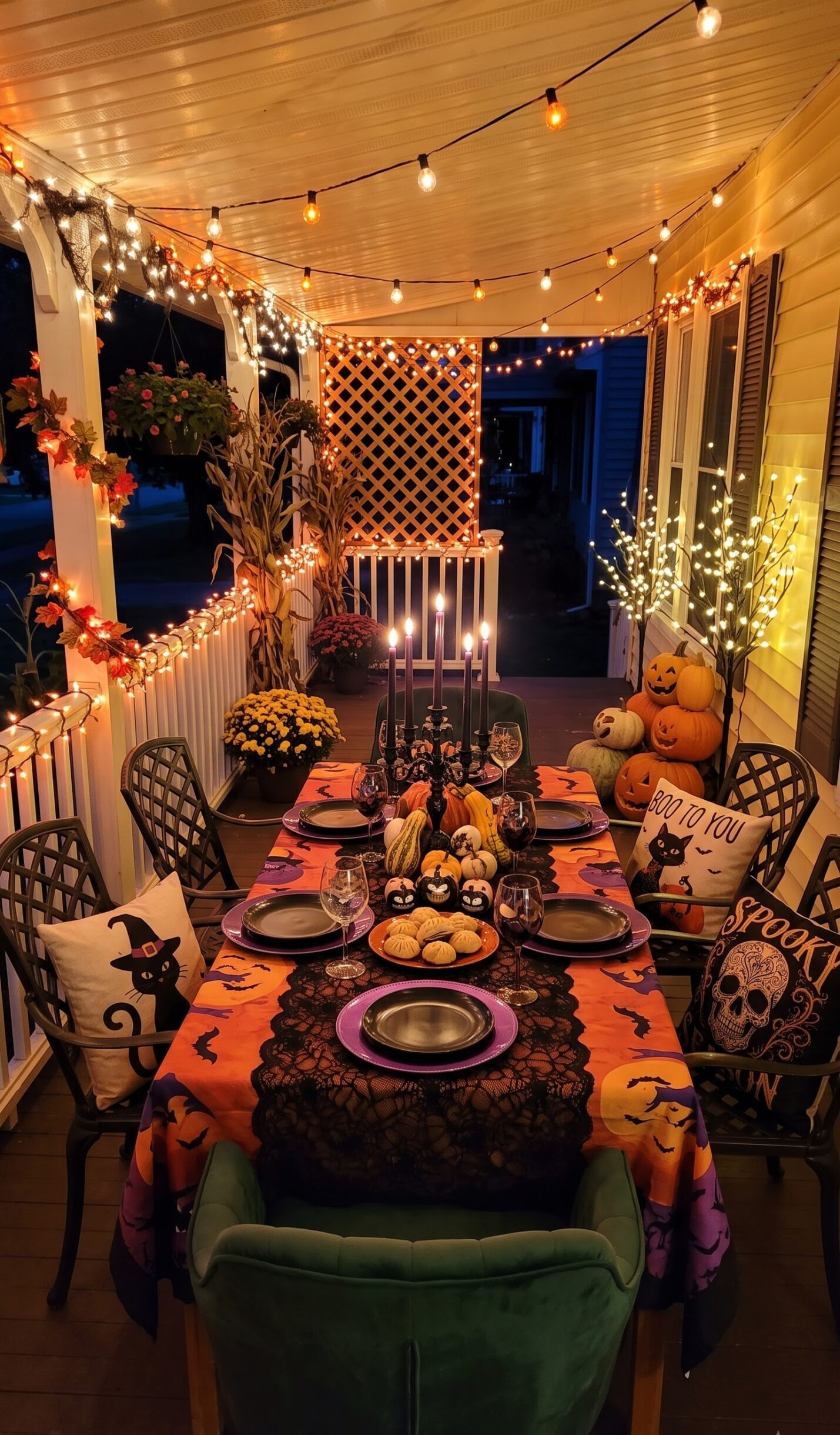 long outdoor dinner table under trees strung with paper lanterns and string lights