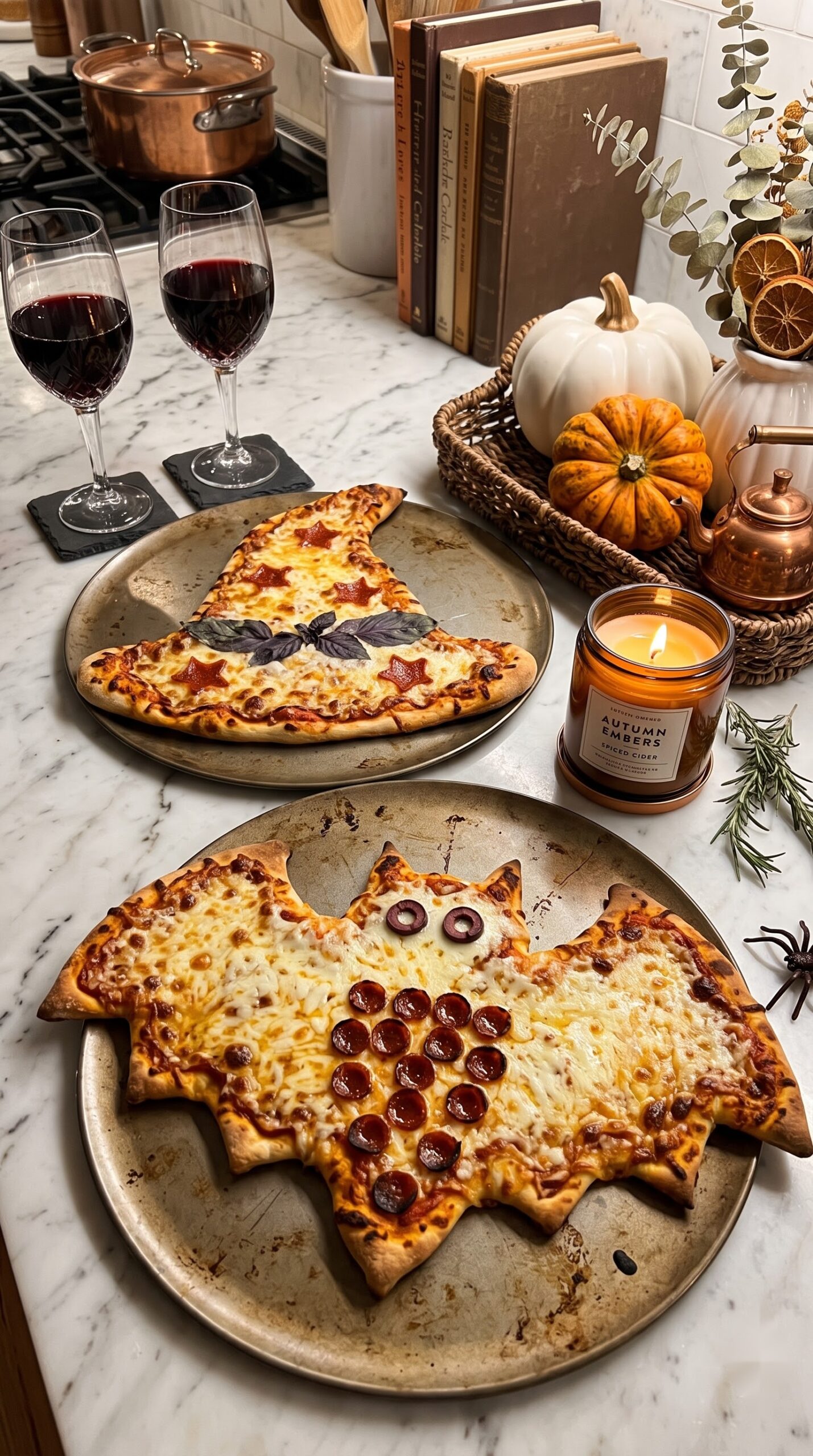 witch hat and bat shaped homemade pizzas on a kitchen counter with wine