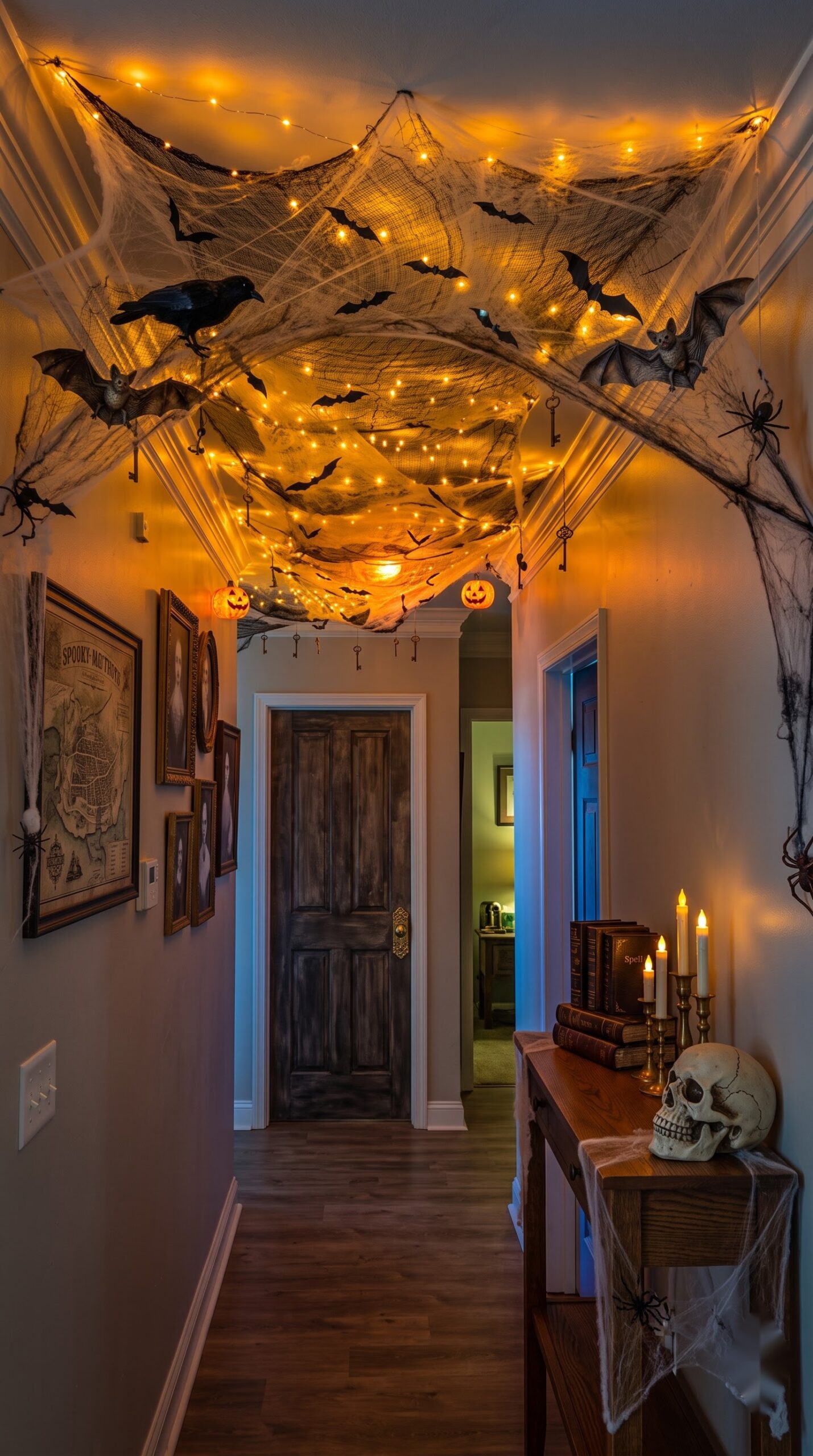 hallway ceiling draped in black cobweb fabric with bats, a crow, and a skull on the console table below