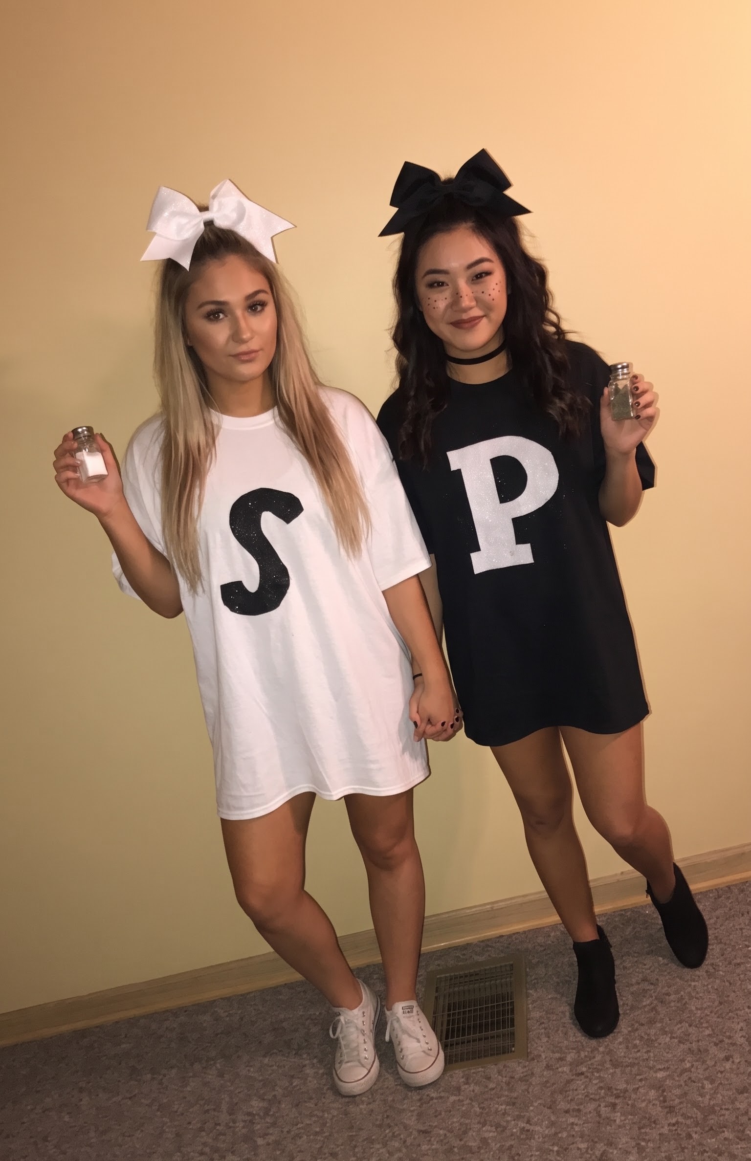 Salt and pepper duo Halloween costume with oversized S and P tee dresses