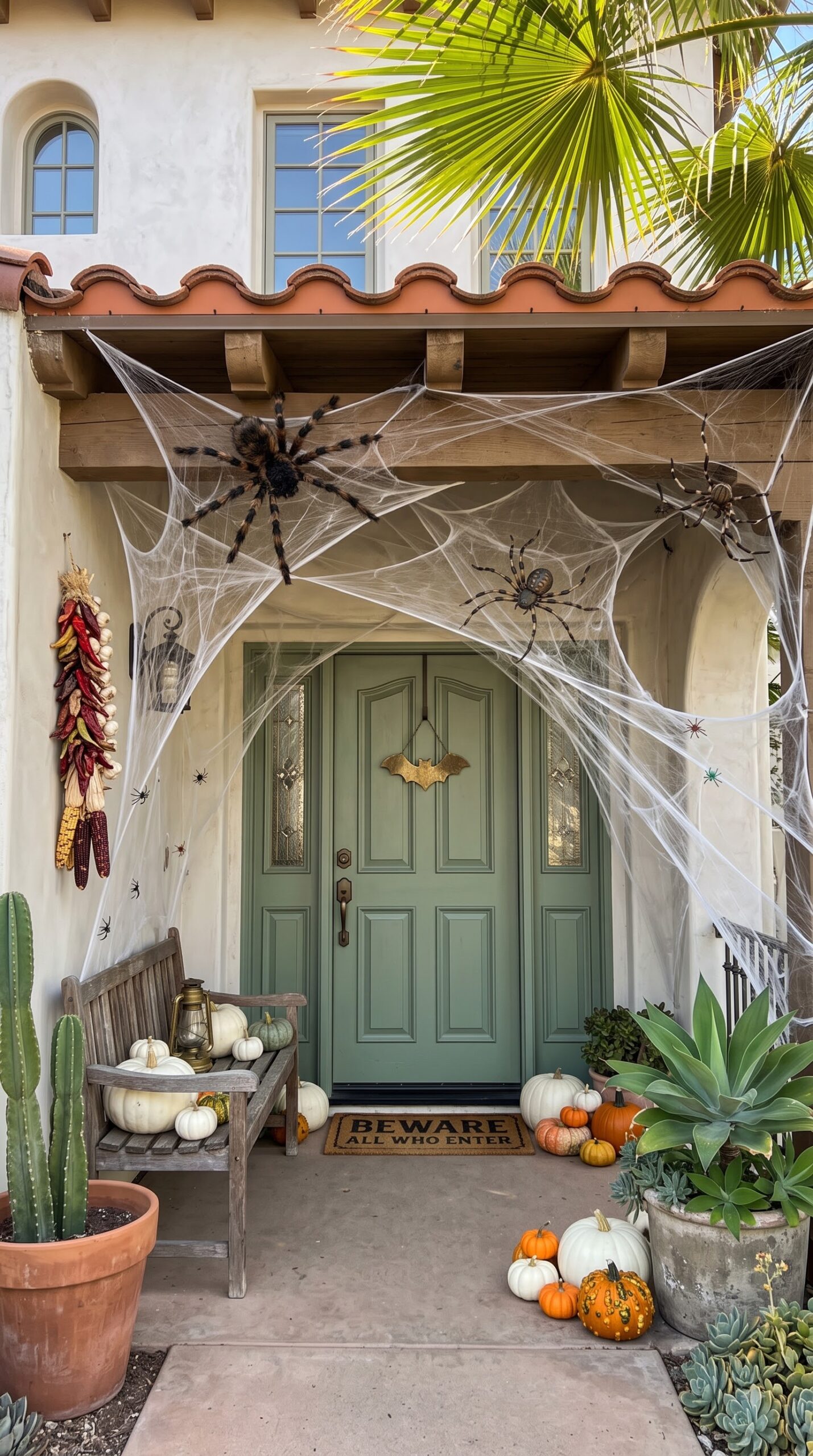 illuminated spiderweb archway with giant spiders leading to a house