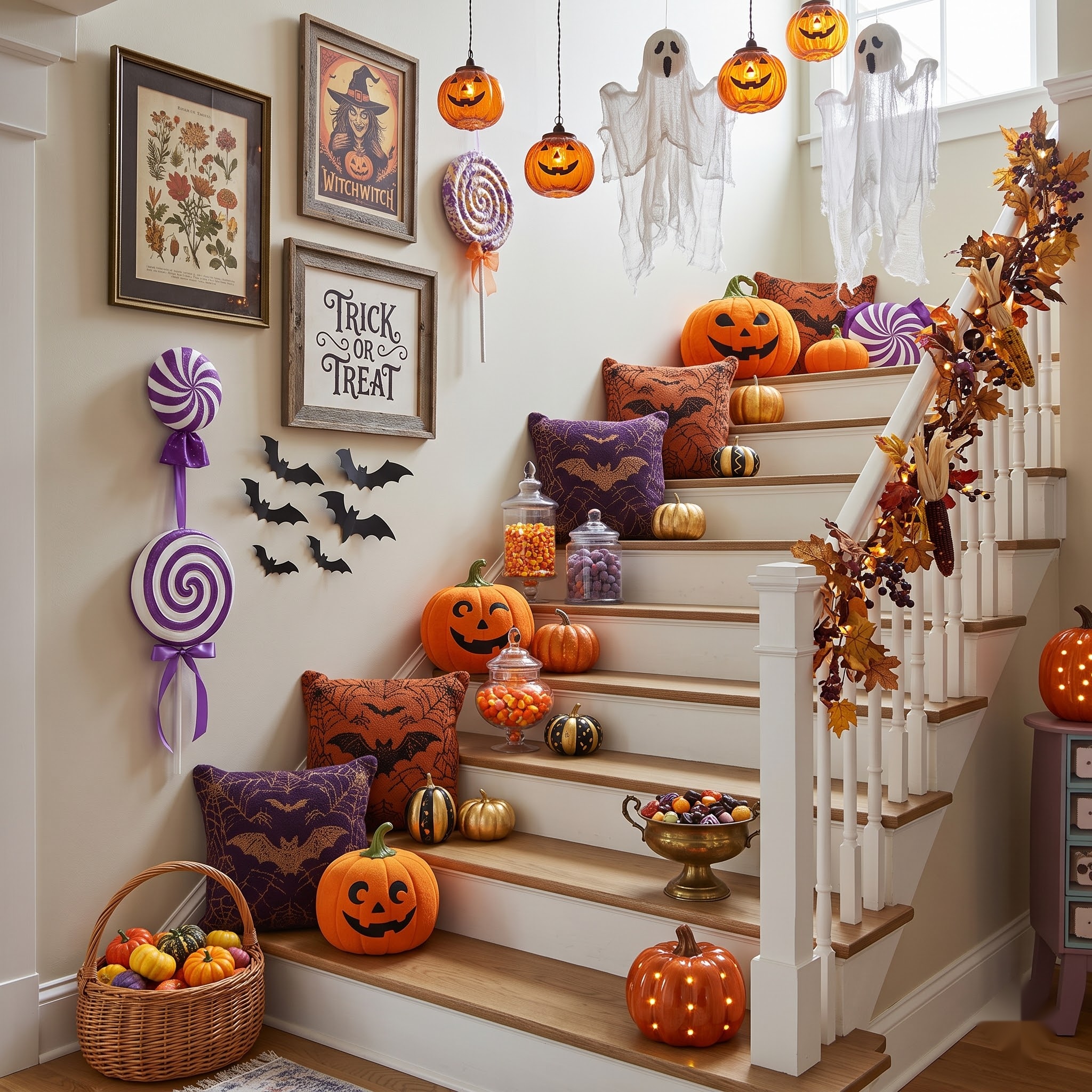 staircase styled with bat pillows, jack-o-lanterns, and jars of candy