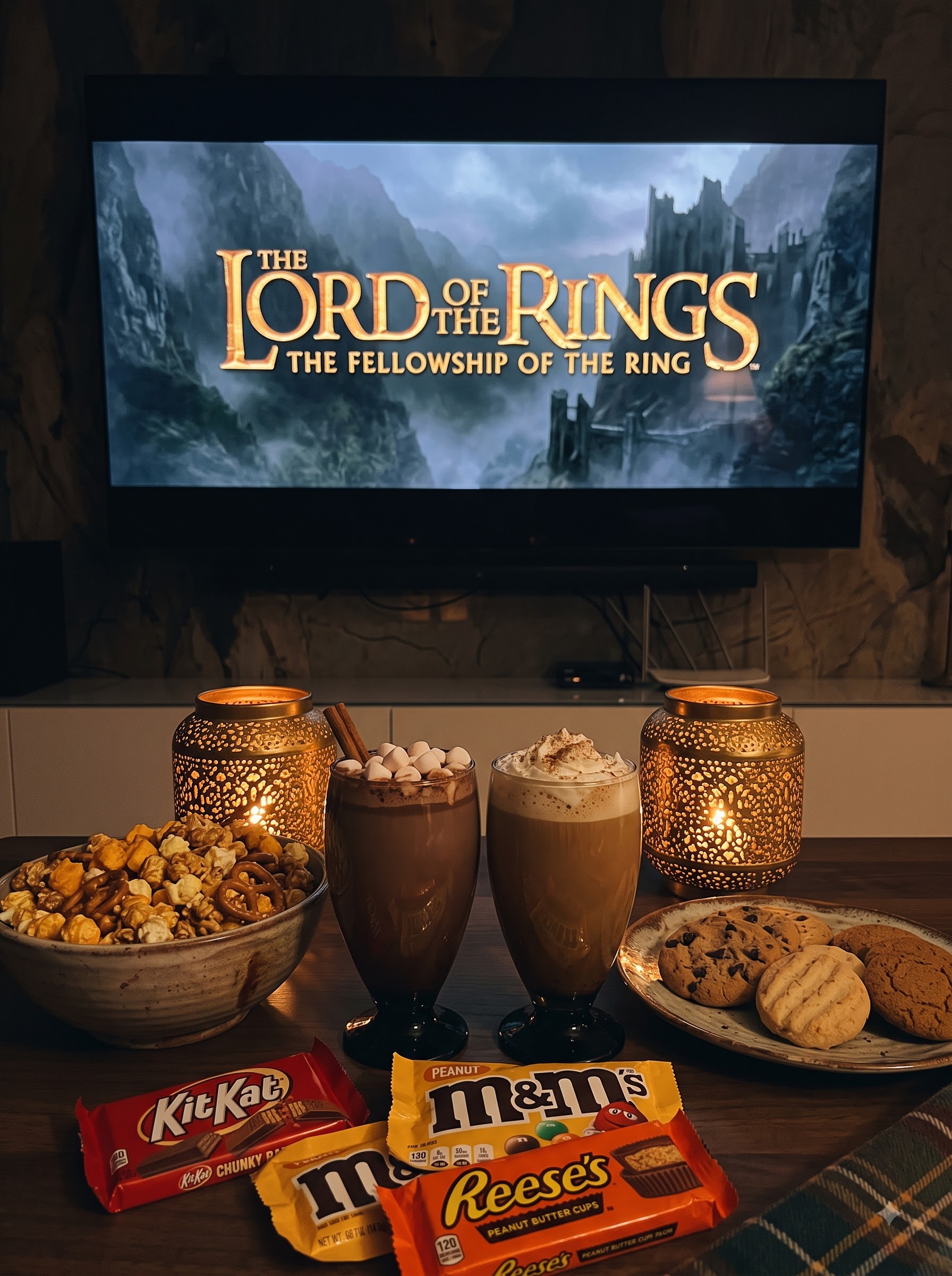 Movie playing on TV with hot cocoa, candles, popcorn, and chocolate bars set up for a cozy movie night