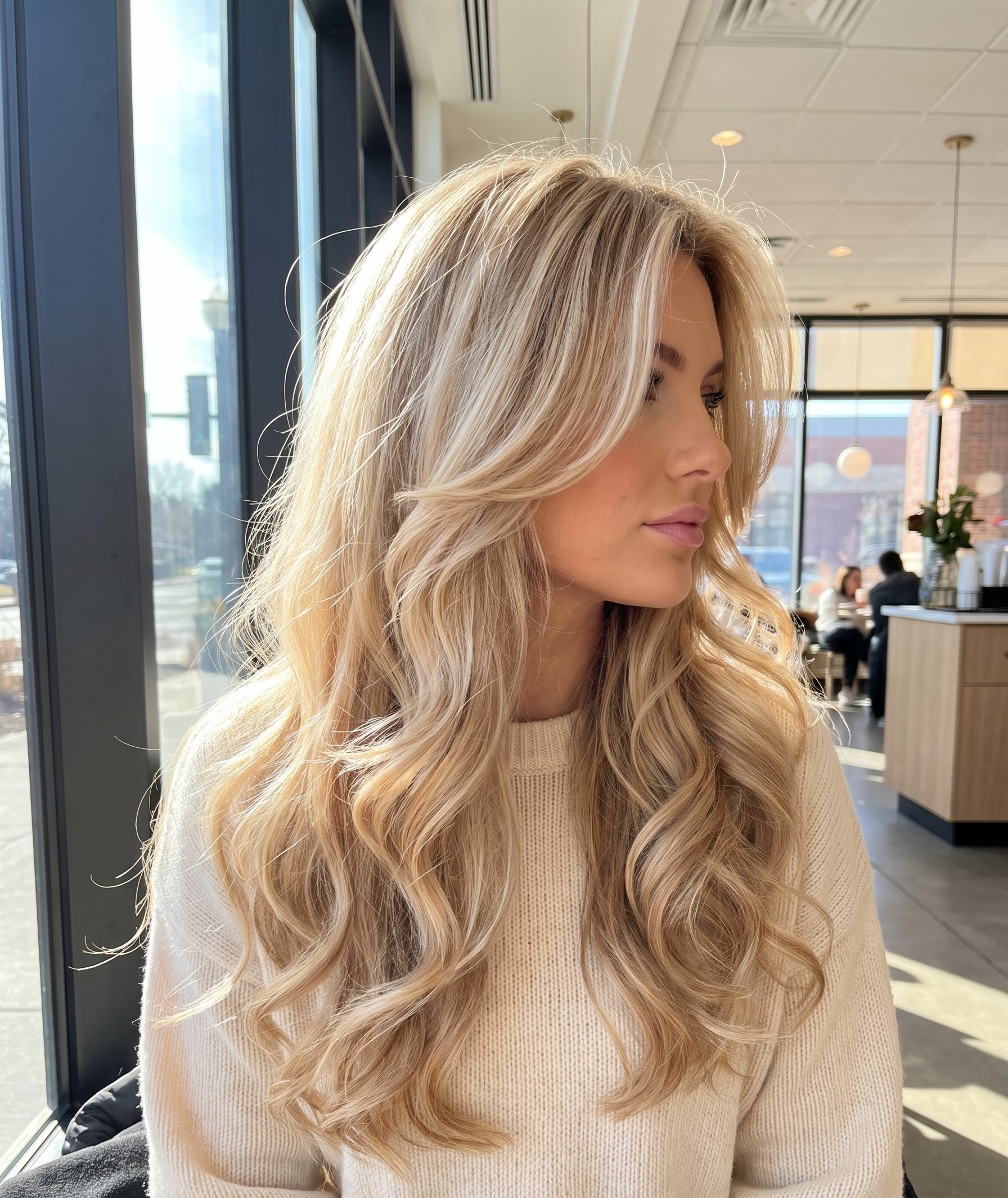 Honey blonde balayage hair styled in soft waves beside a bright window, softly backlit