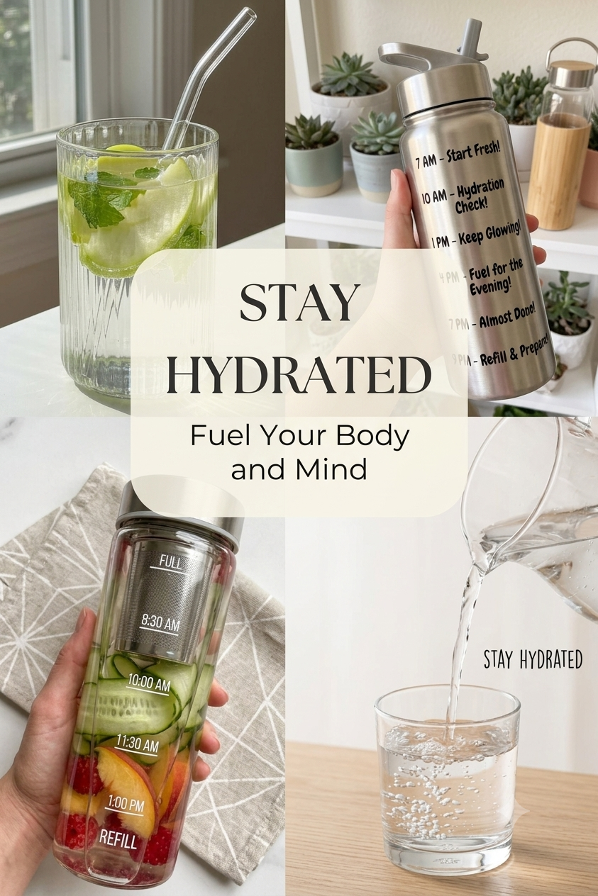 Glass water bottle on a desk as a reminder to stay hydrated