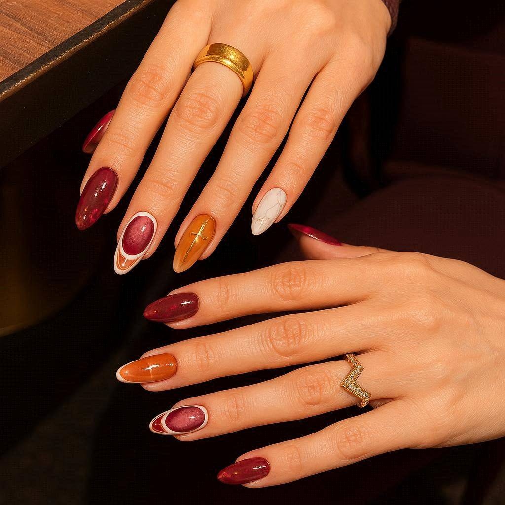 Jewel tone abstract mixed nail art burgundy amber marble gold summer nails