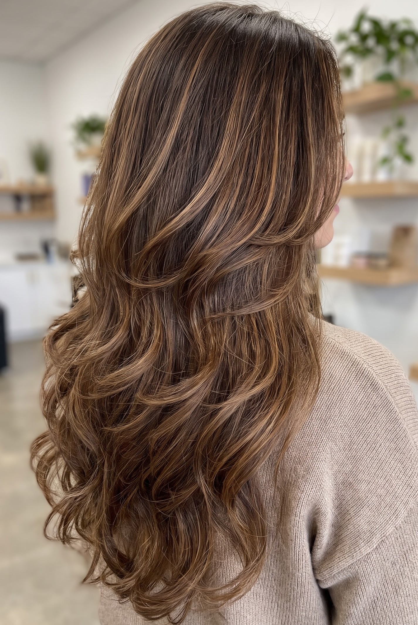 Long layered brunette hair with caramel balayage highlights styled in soft curls