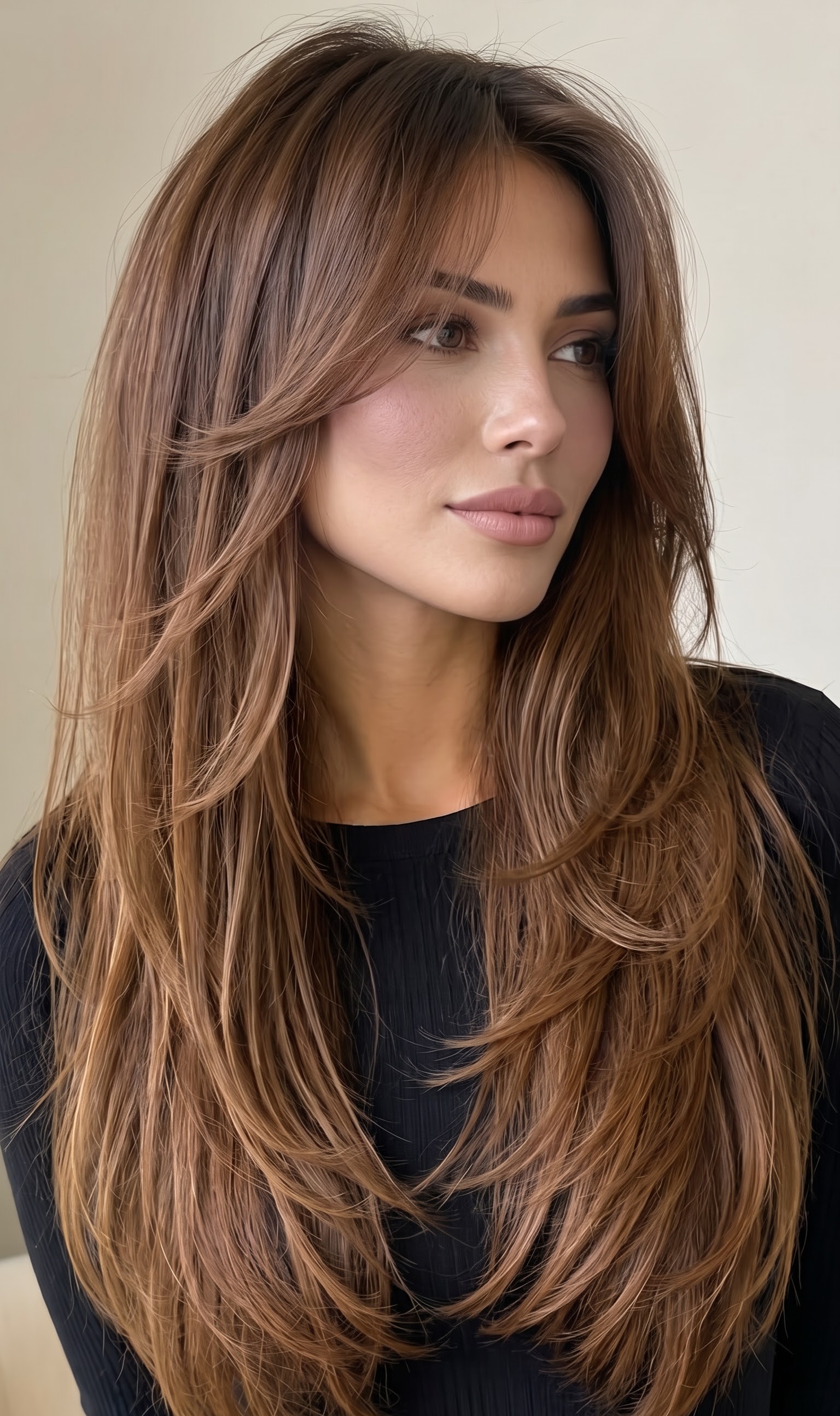 layered hair curtain bangs in an editorial side profile shot