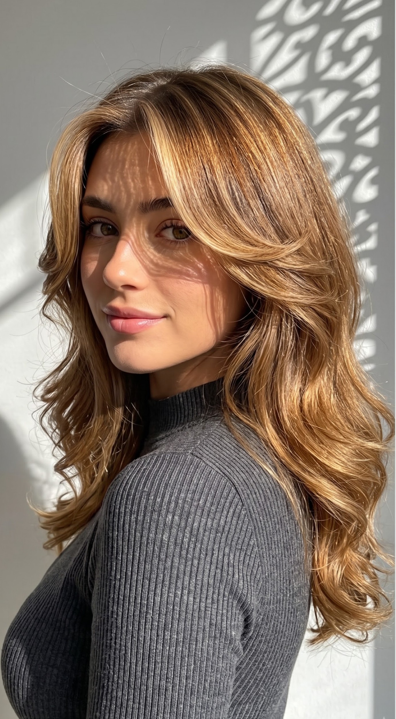 layered hair curtain bangs swept to the side against a wall