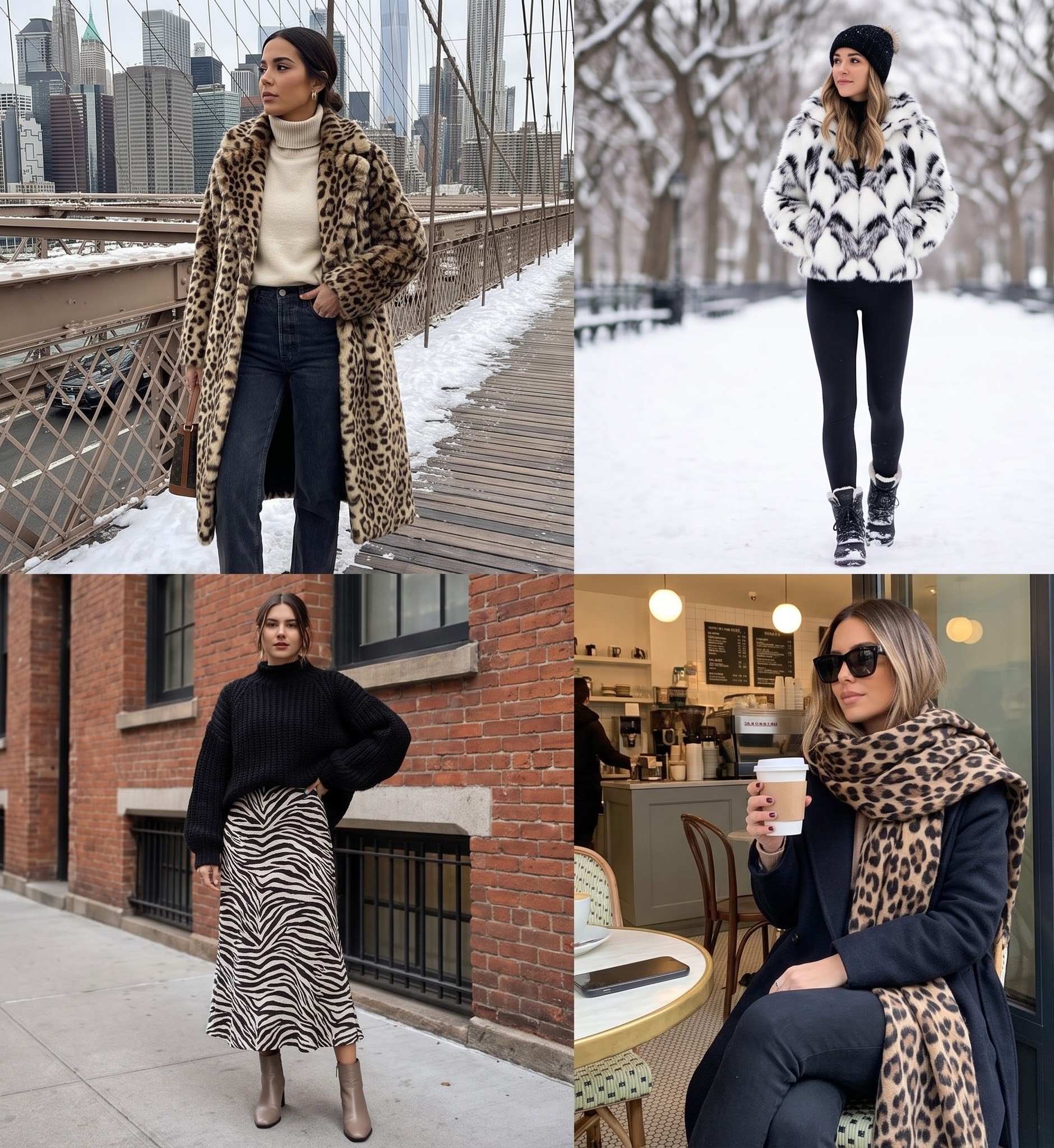 Leopard print faux fur coat worn in the snow with a black beanie