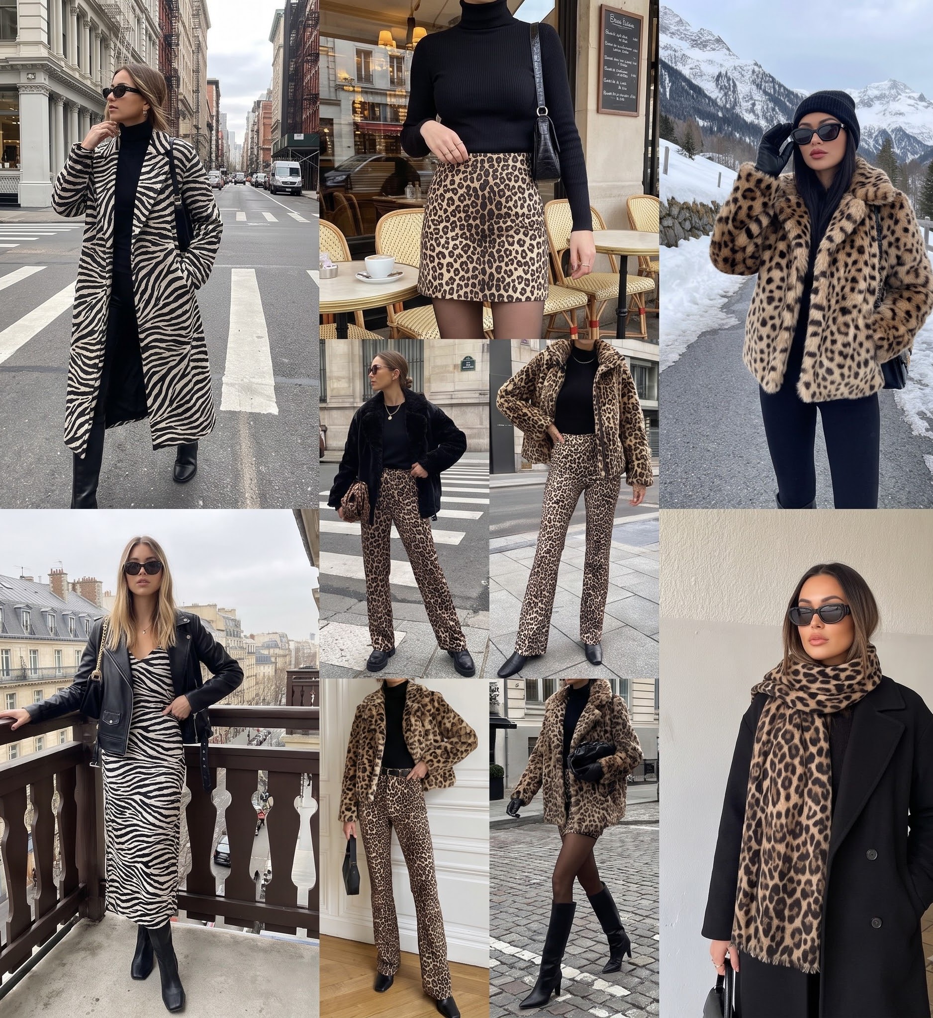 Leopard print skirts, pants, and coats styled in a winter street style collage