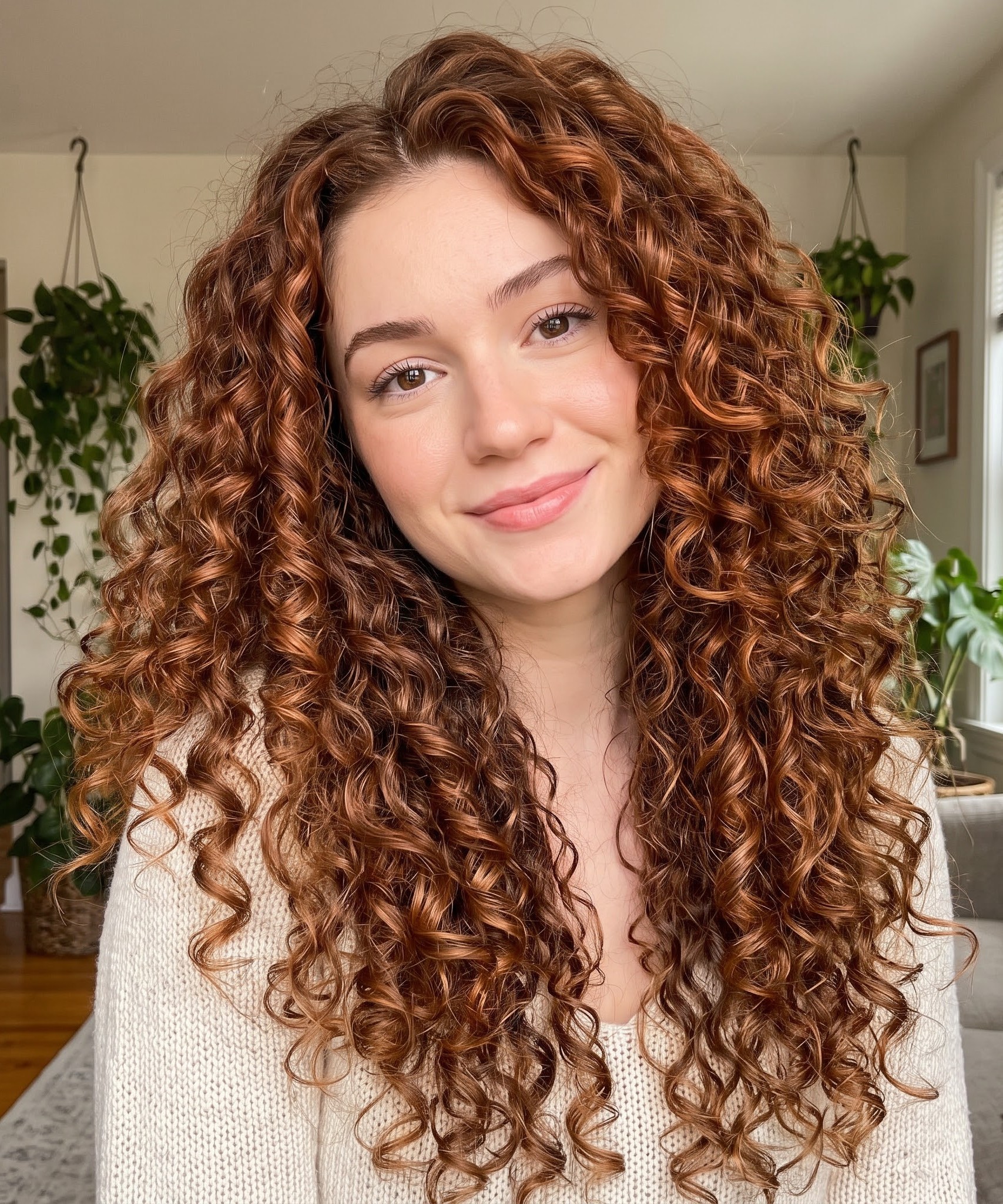 Long copper red curly hair styled naturally, photographed in soft natural light