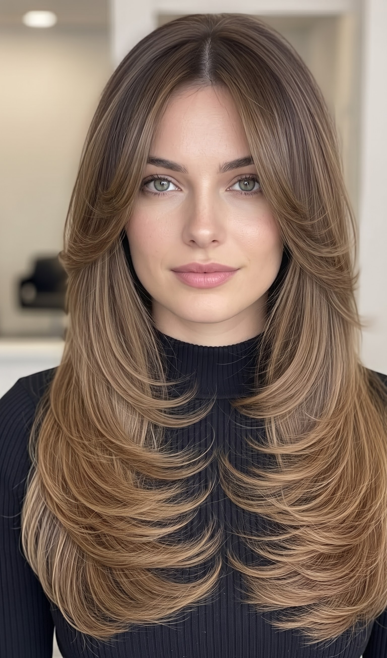 long curtain bangs straight variation with soft face framing layers
