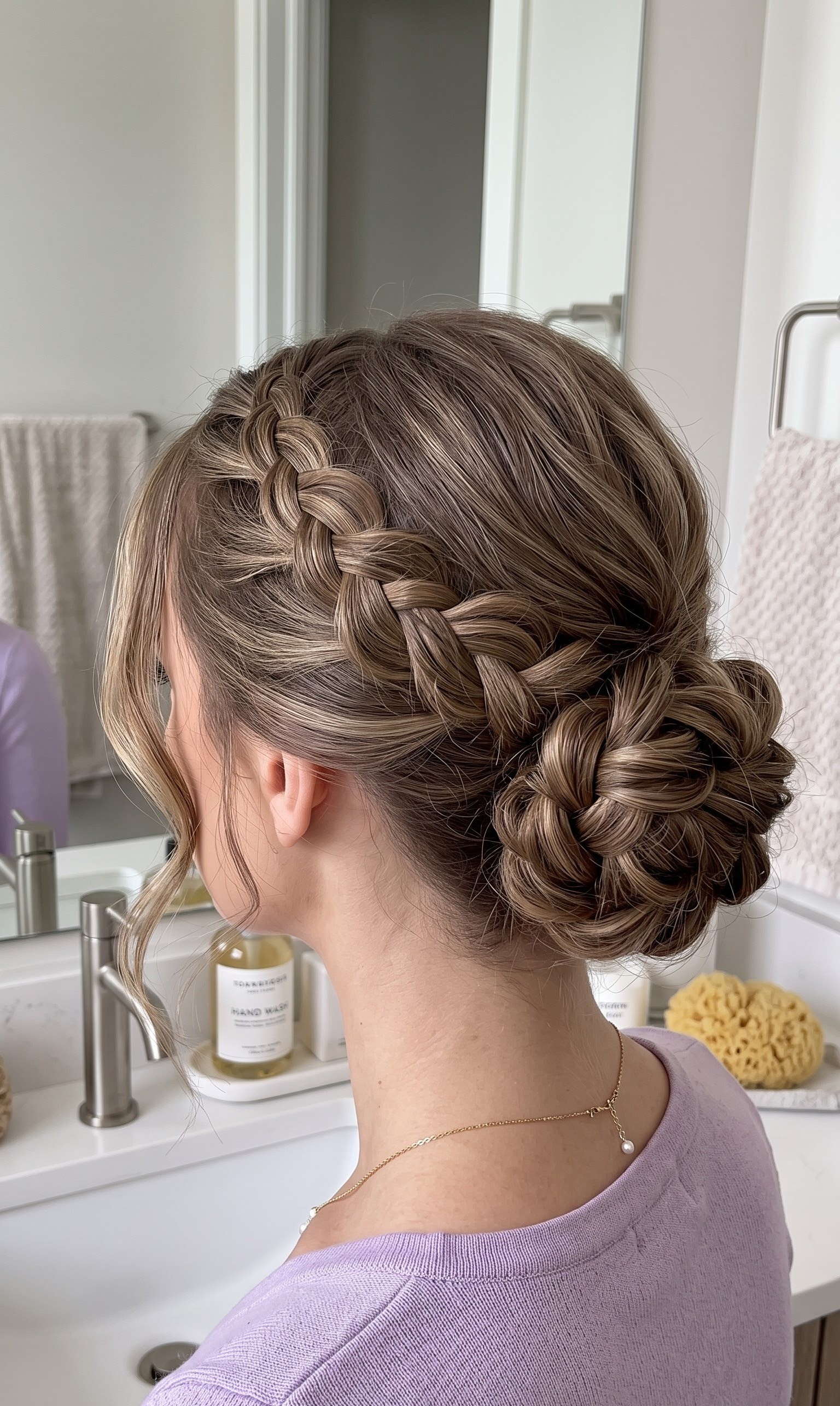 medium hair wedding guest hairstyle - loose braided updo