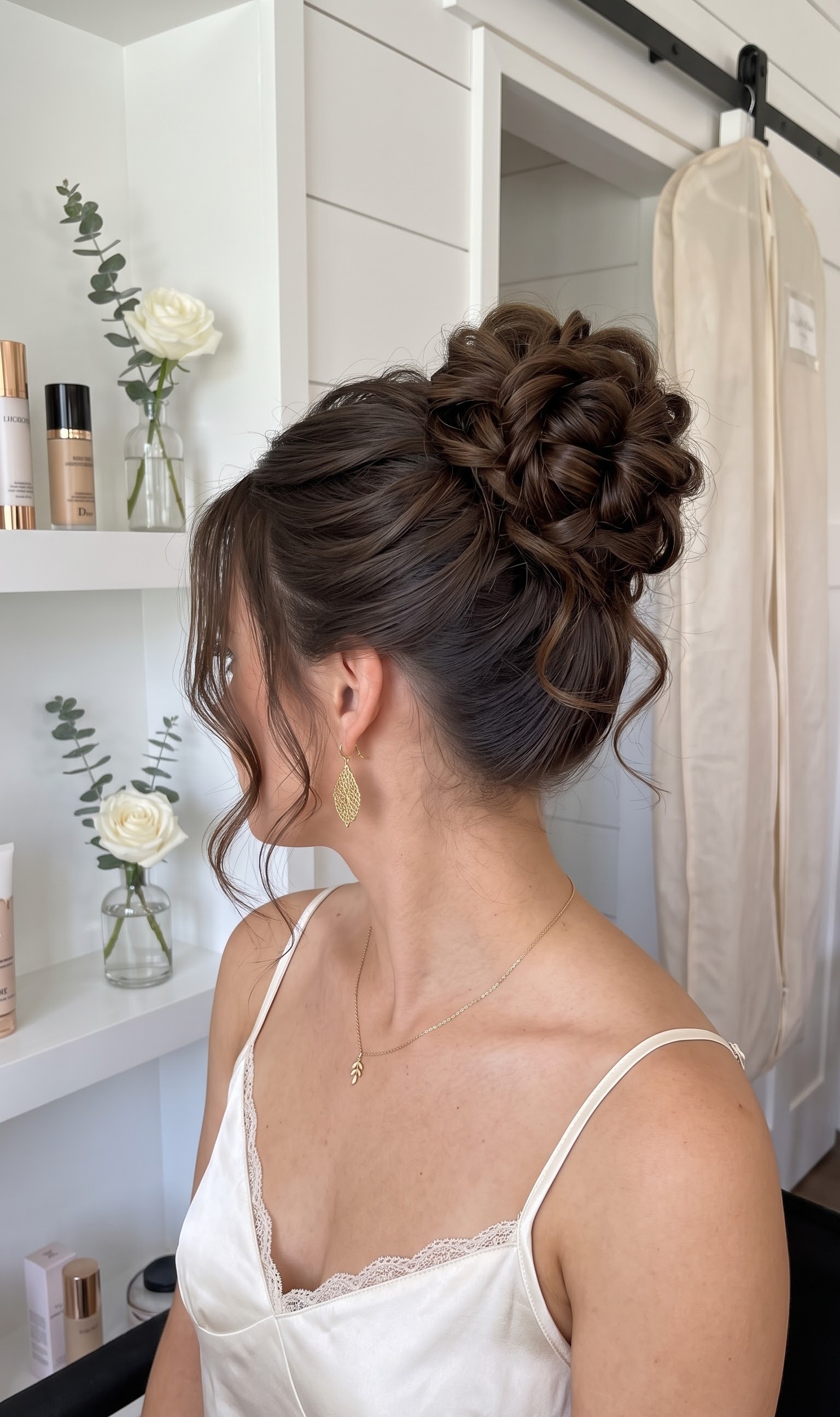 medium hair wedding updo - soft tucked bridal bun with gold jewelry