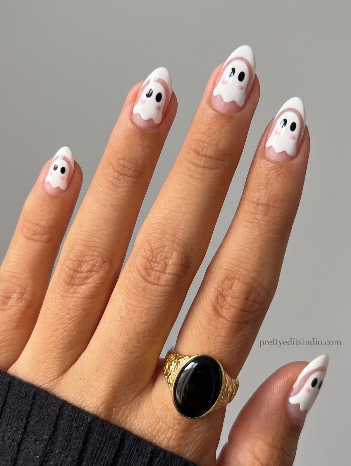 White melting ghost French tip nails with blushed cheeks over a nude base