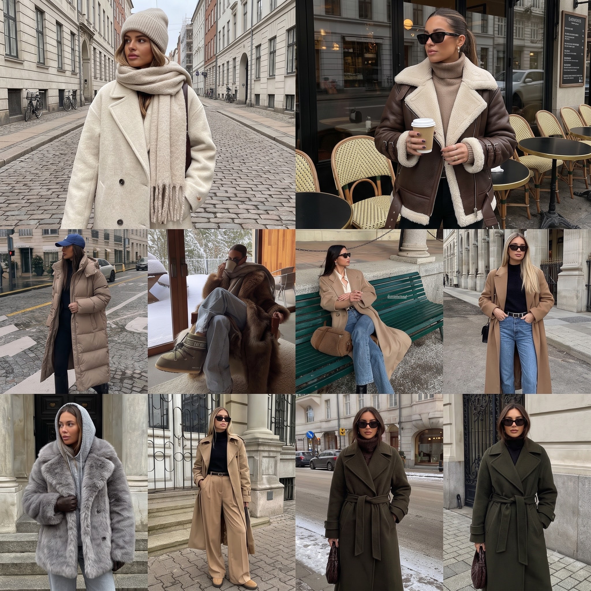 Head-to-toe neutral tonal outfits layered with coats, scarves, and boots in a winter street style collage