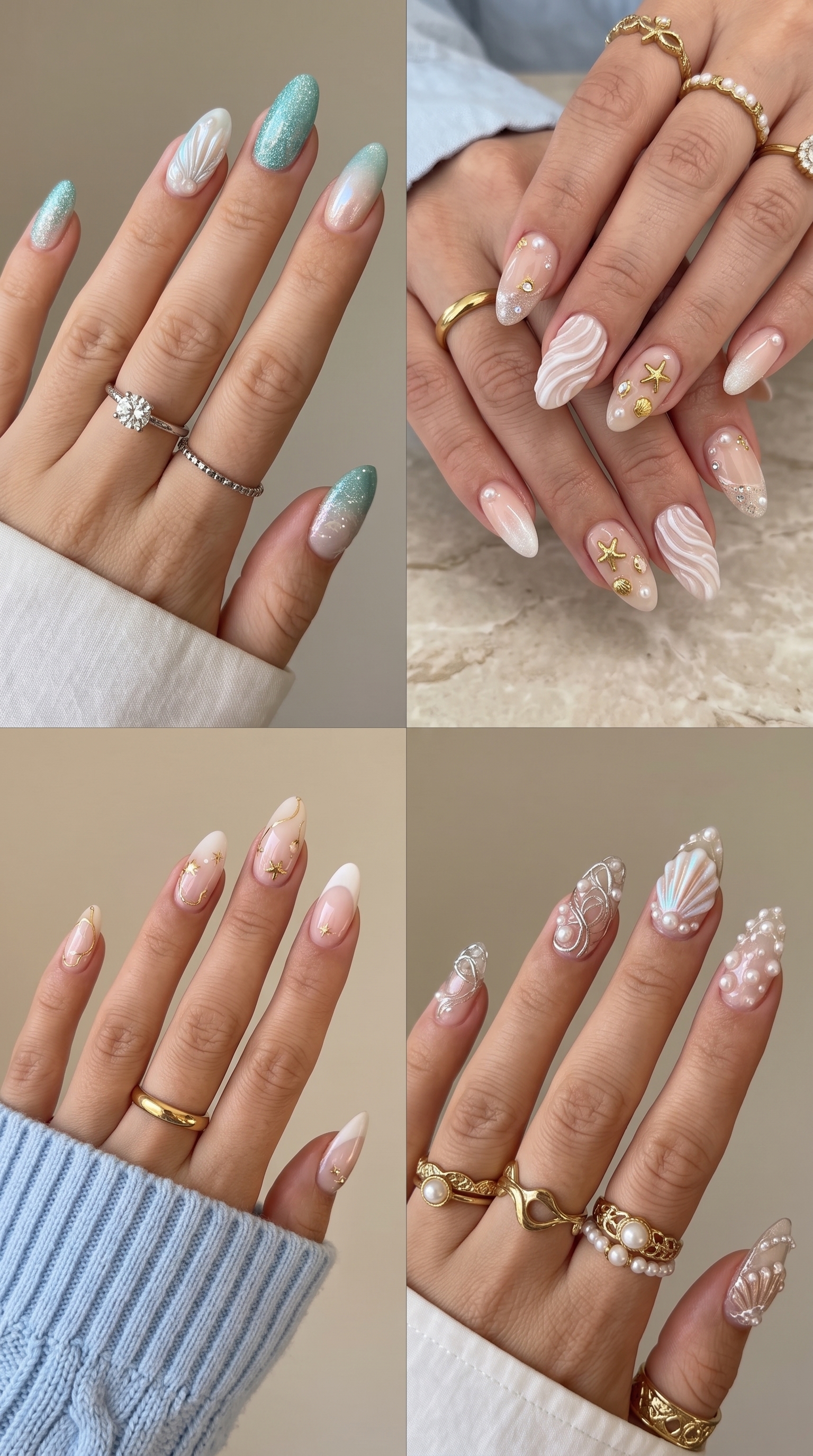 Ocean beach nail ideas collage teal shimmer starfish seashell pearl French tips summer