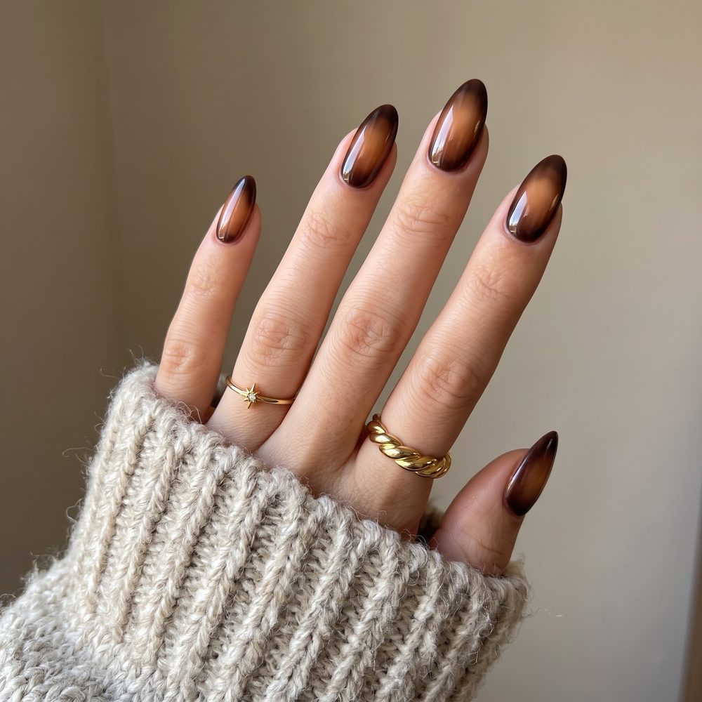 Brown aura ombre cat eye almond nails in caramel and espresso
