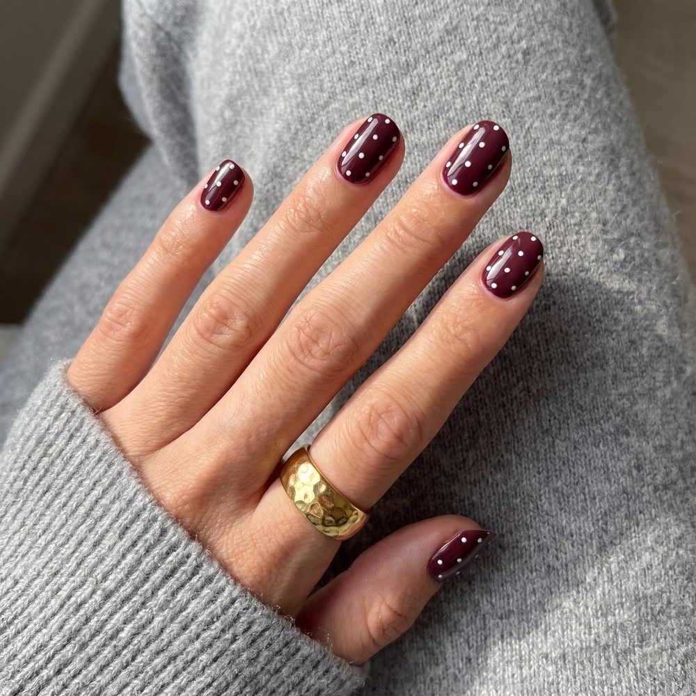 Short round burgundy nails with white polka dots and a gold hammered ring