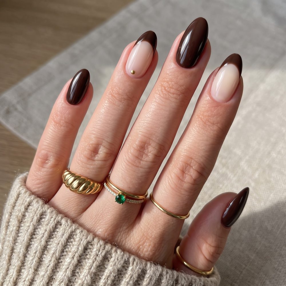 Chocolate brown French tip almond nails with a tiny gold stud accent